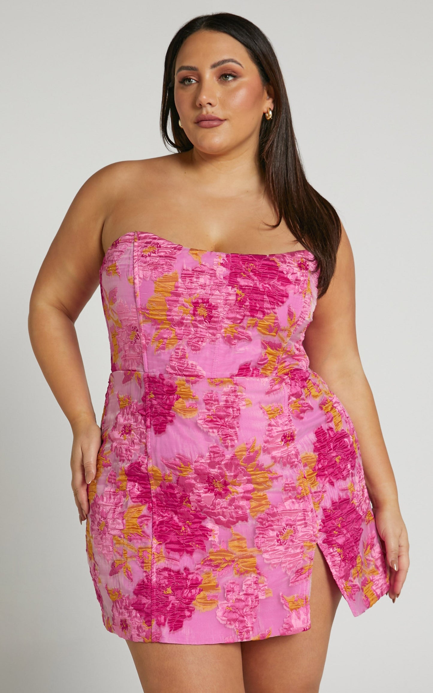 Brailey Mini Dress - Strapless Dress in Pink Jacquard