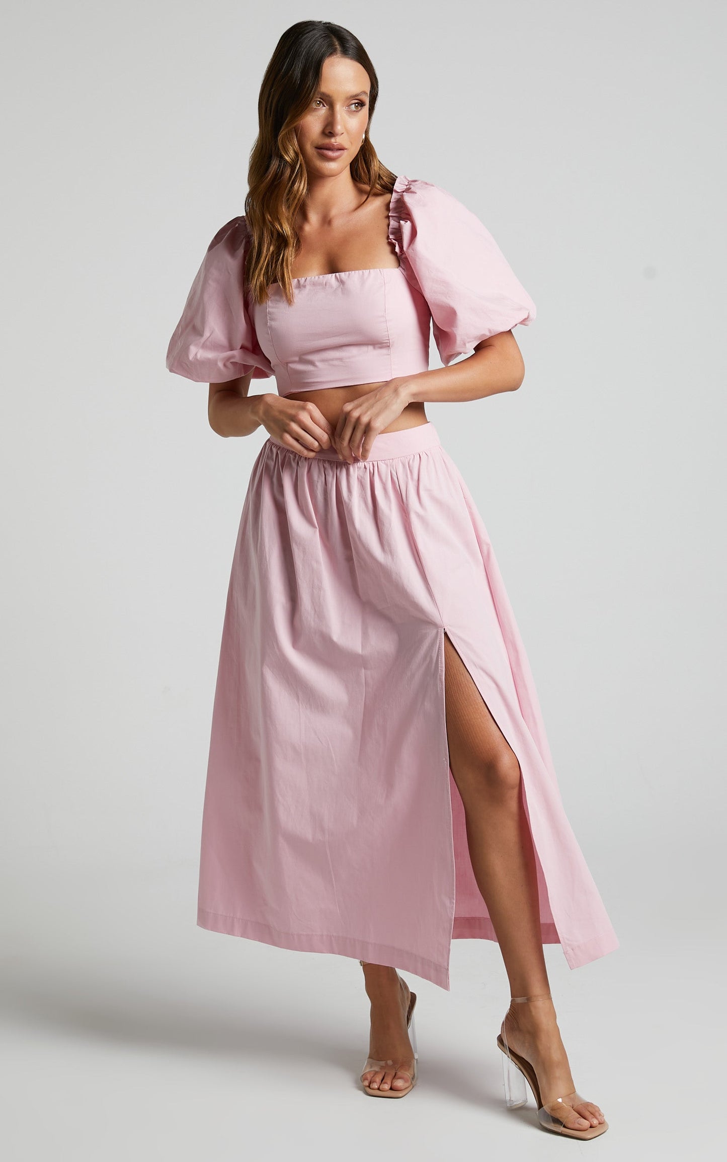 Branson Two Piece Set - Short Puff Sleeve High Waisted Midi Skirt Set in Pink