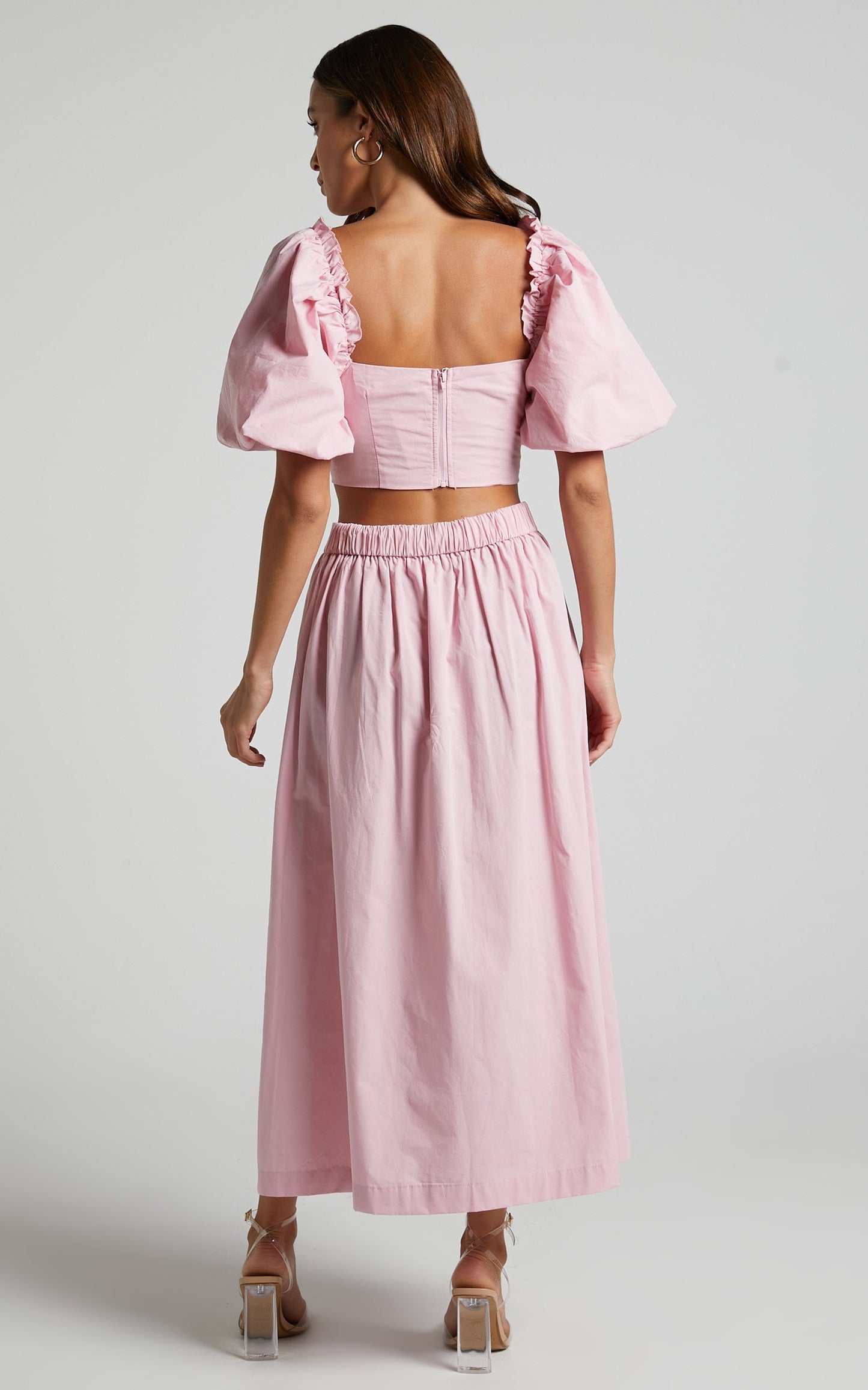Branson Two Piece Set - Short Puff Sleeve High Waisted Midi Skirt Set in Pink
