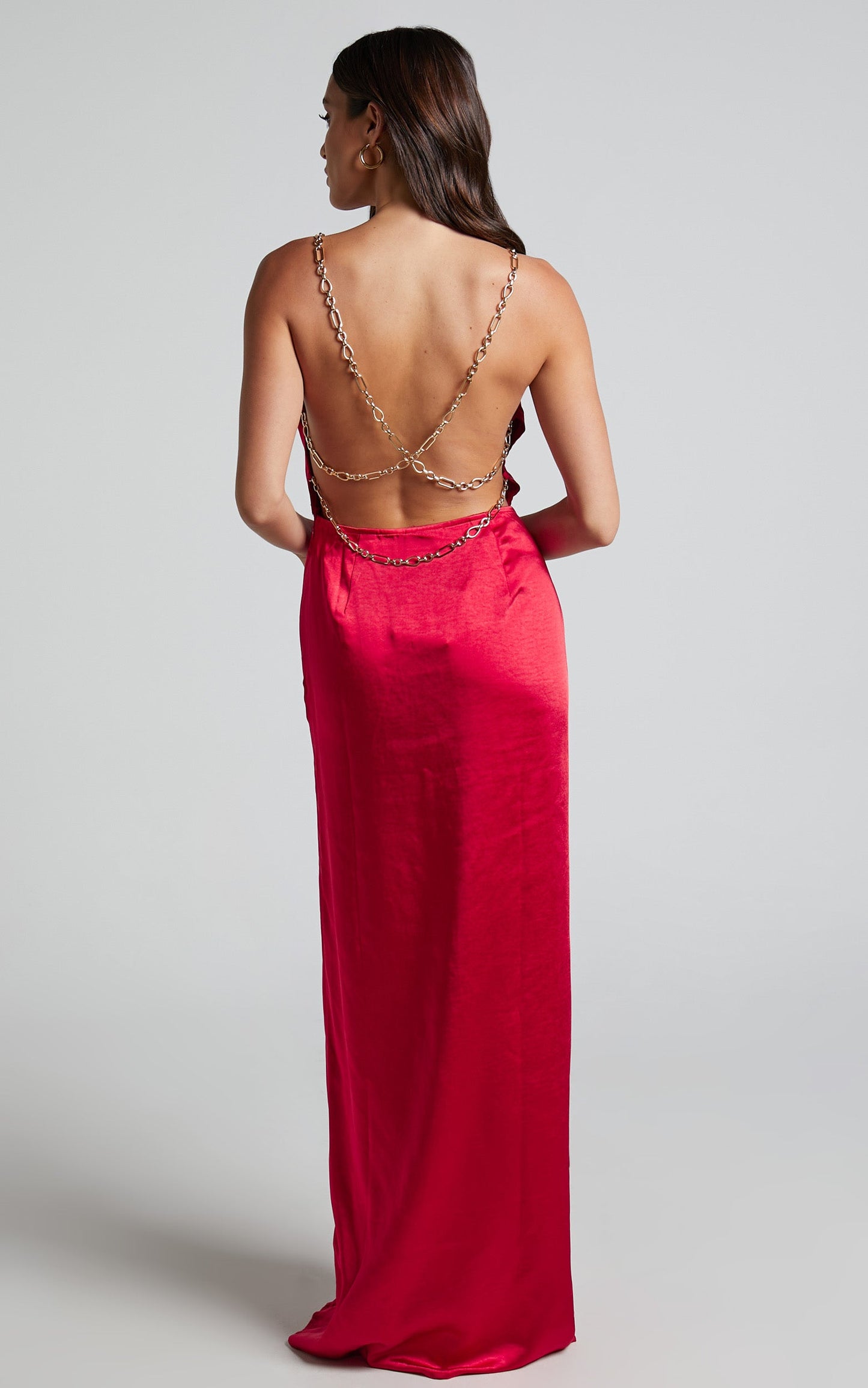 Bravia Maxi Dress - Chain Strap Open Back Satin Dress in Red