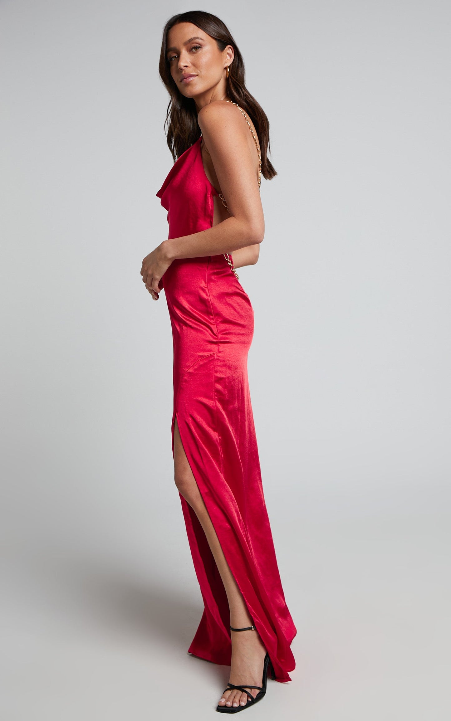 Bravia Maxi Dress - Chain Strap Open Back Satin Dress in Red