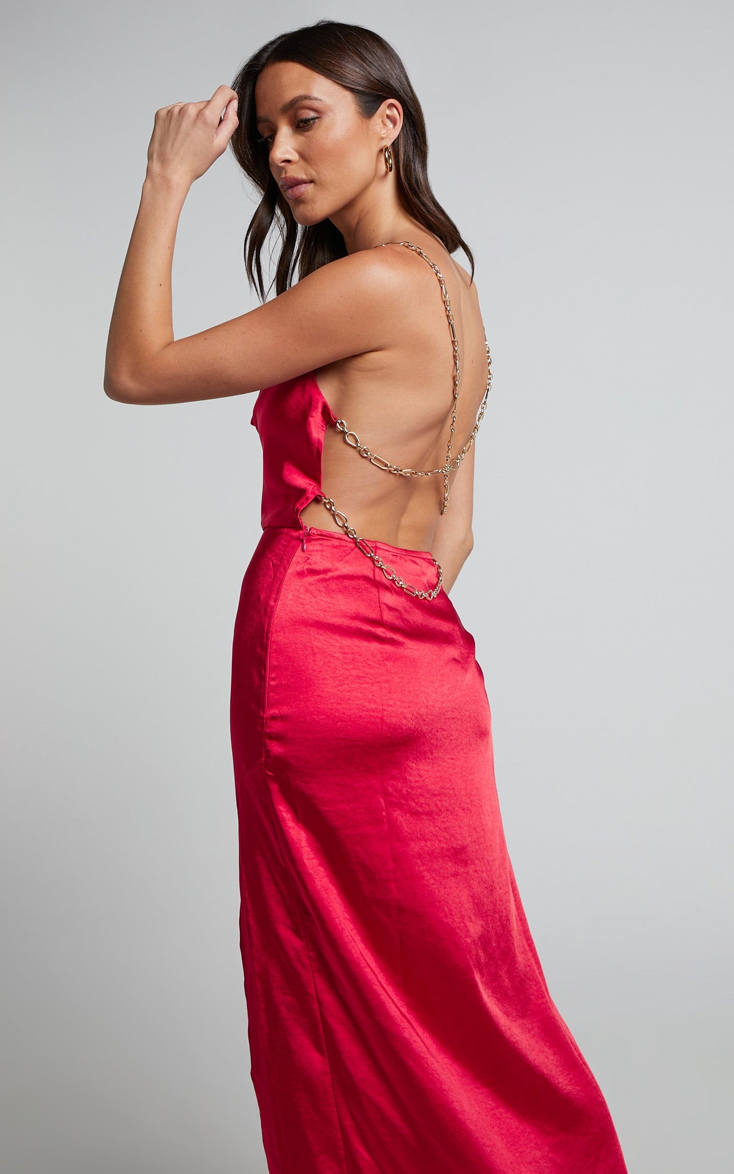 Bravia Maxi Dress - Chain Strap Open Back Satin Dress in Red