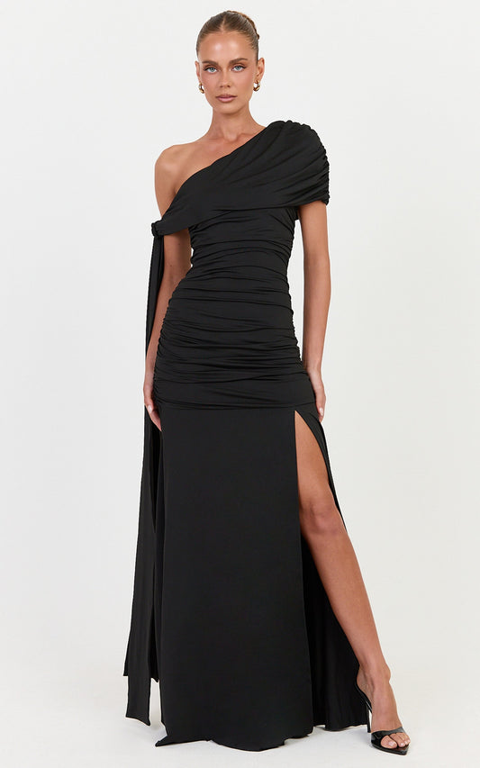 Bree Maxi Dress - Cape Tie Off Shoulder Fit And Flare Dress in Black