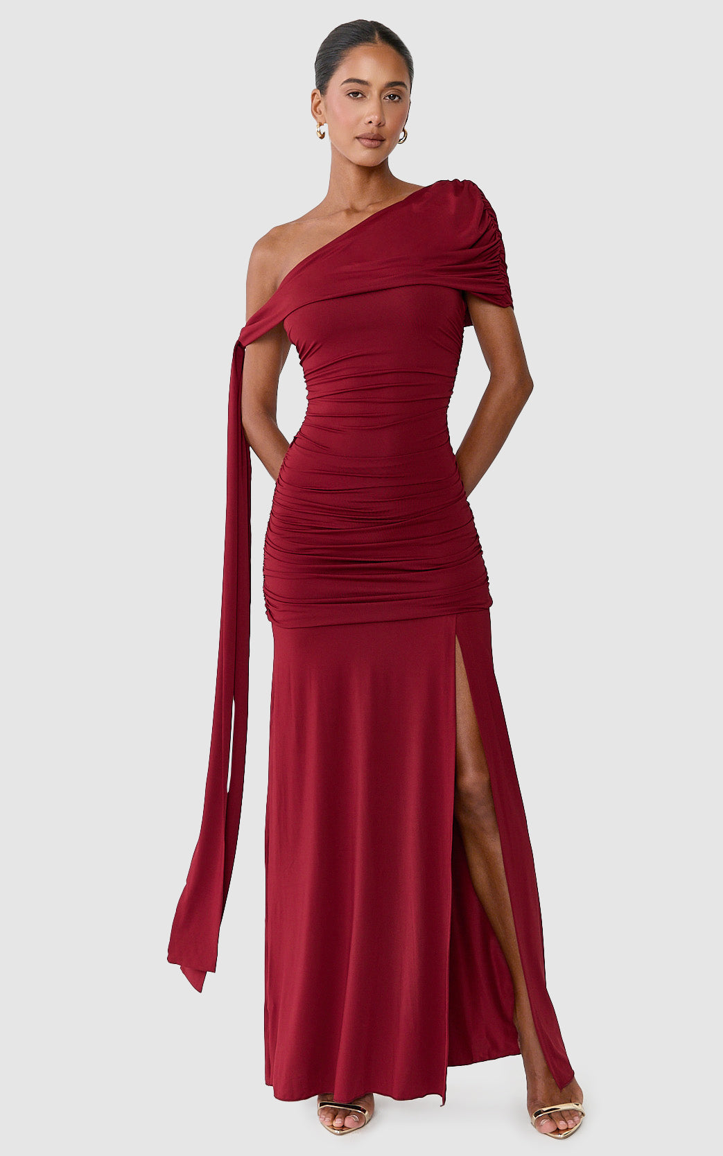 Bree Maxi Dress - Cape Tie Off Shoulder Fit And Flare Dress in Wine