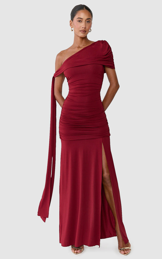 Bree Maxi Dress - Cape Tie Off Shoulder Fit And Flare Dress in Wine