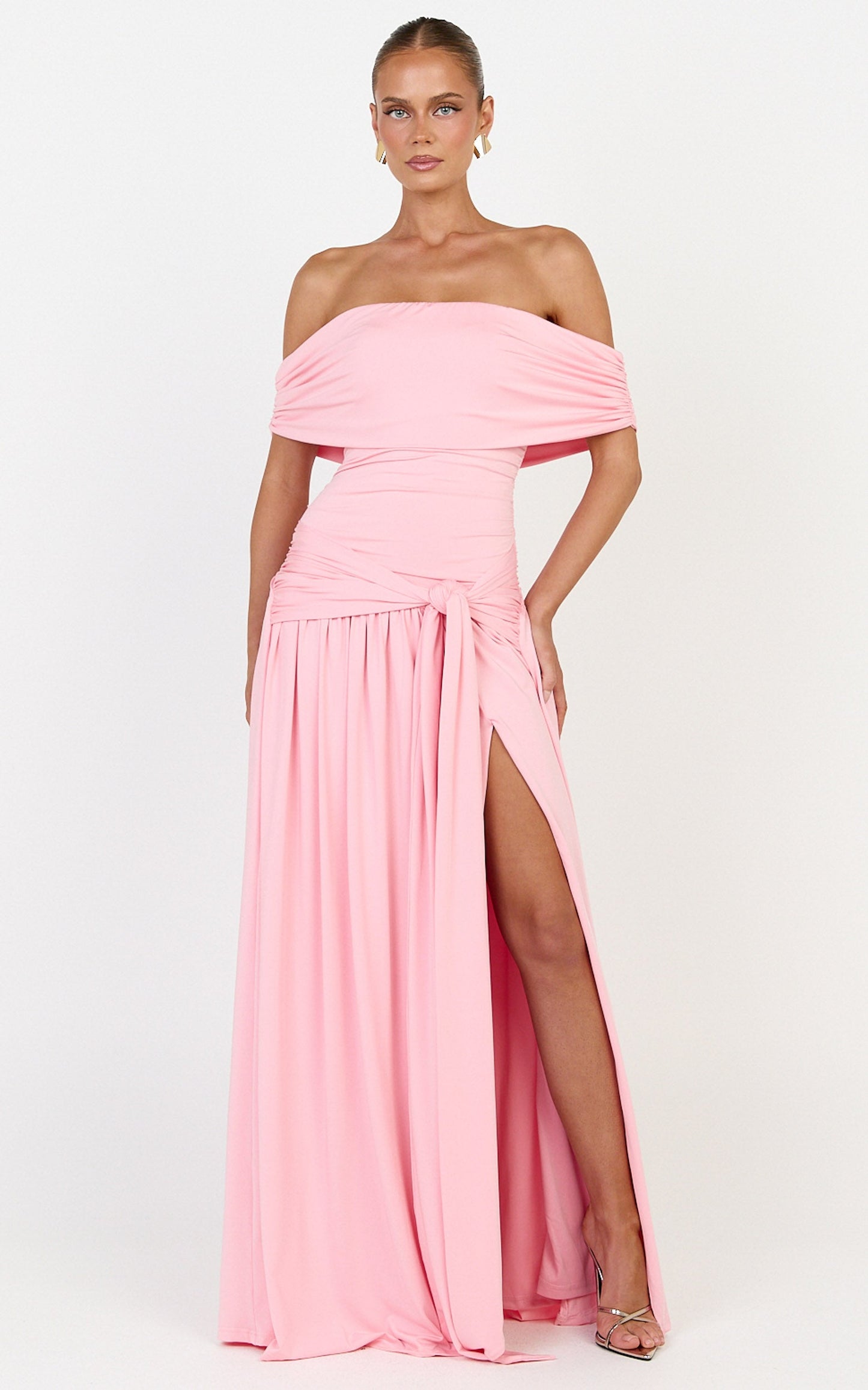Bree Maxi Dress - Off Shoulder Draped Sash Dress in Pink