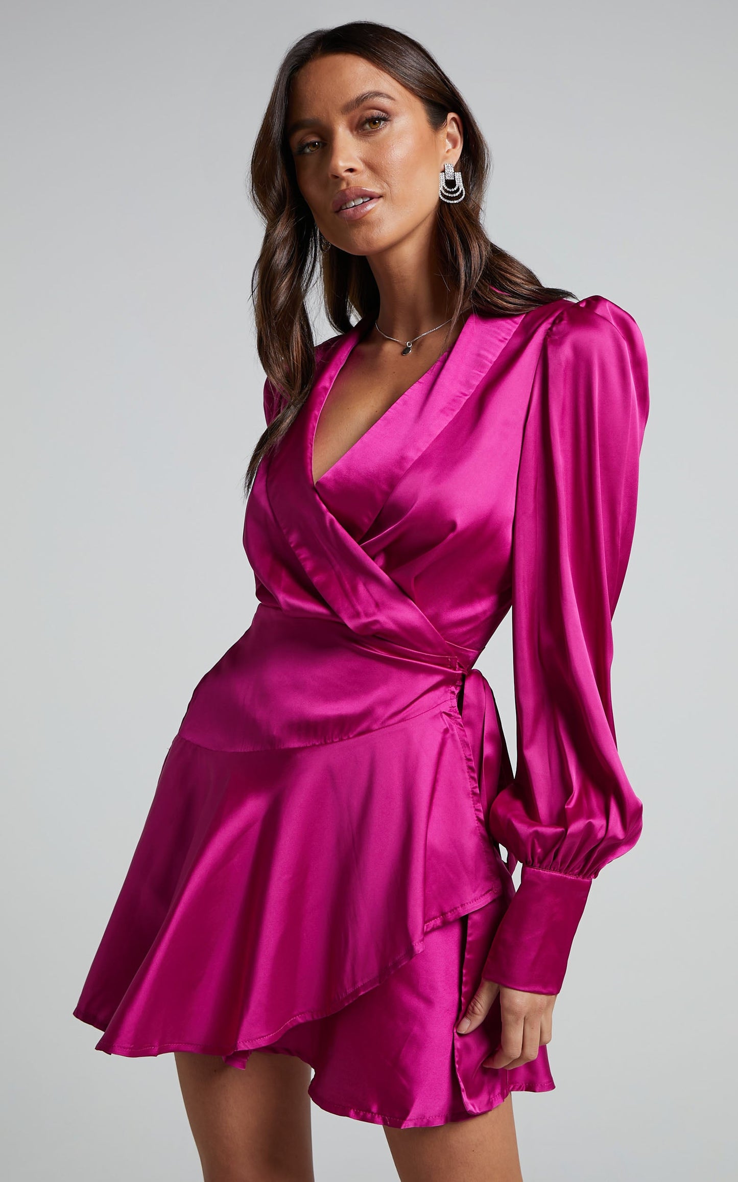 Breeana Mini Dress - Long Sleeve Wrap Dress in Magenta
