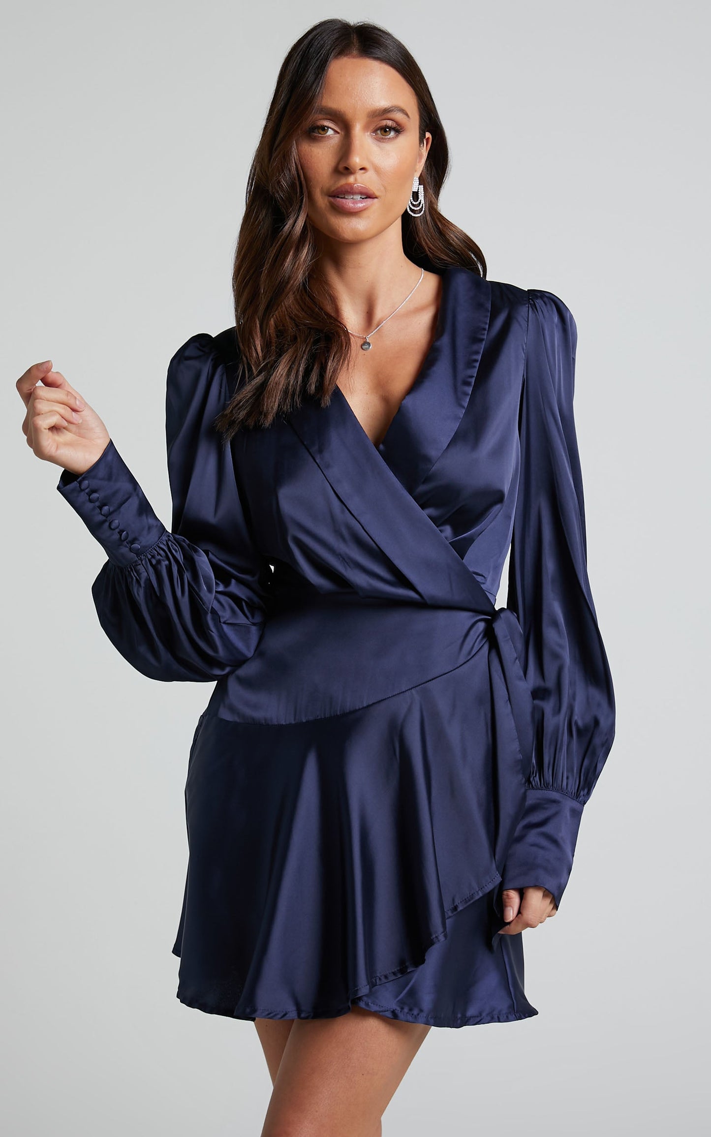 Breeana Mini Dress - Long Sleeve Wrap Dress in Navy