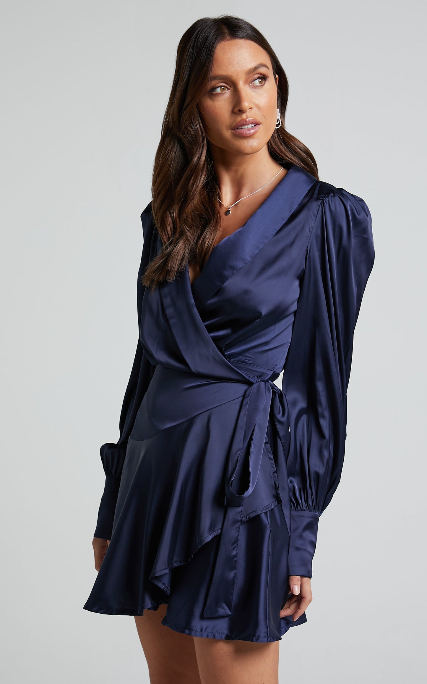 Breeana Mini Dress - Long Sleeve Wrap Dress in Navy