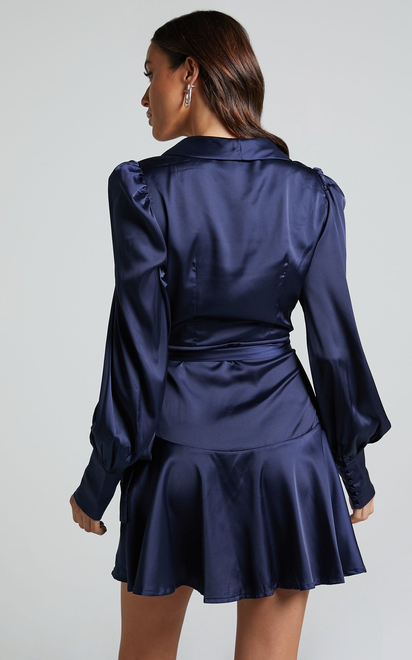 Breeana Mini Dress - Long Sleeve Wrap Dress in Navy