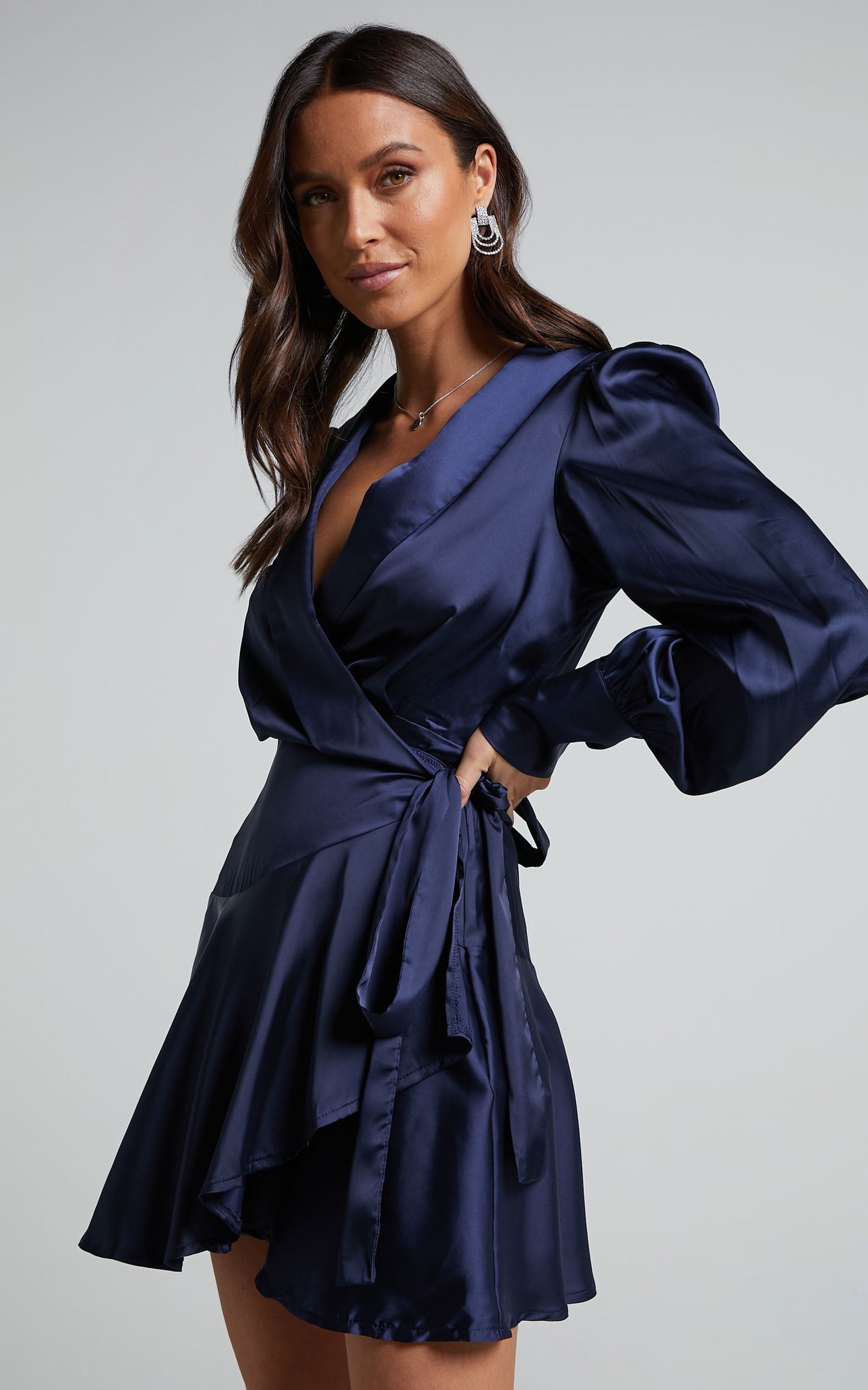 Breeana Mini Dress - Long Sleeve Wrap Dress in Navy