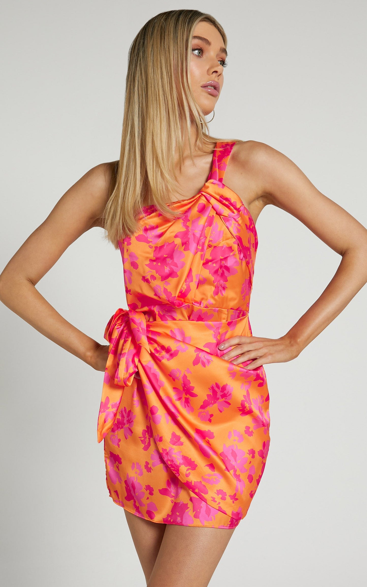 Breena Mini Dress - One shoulder Twist Detail Dress in Orange Floral