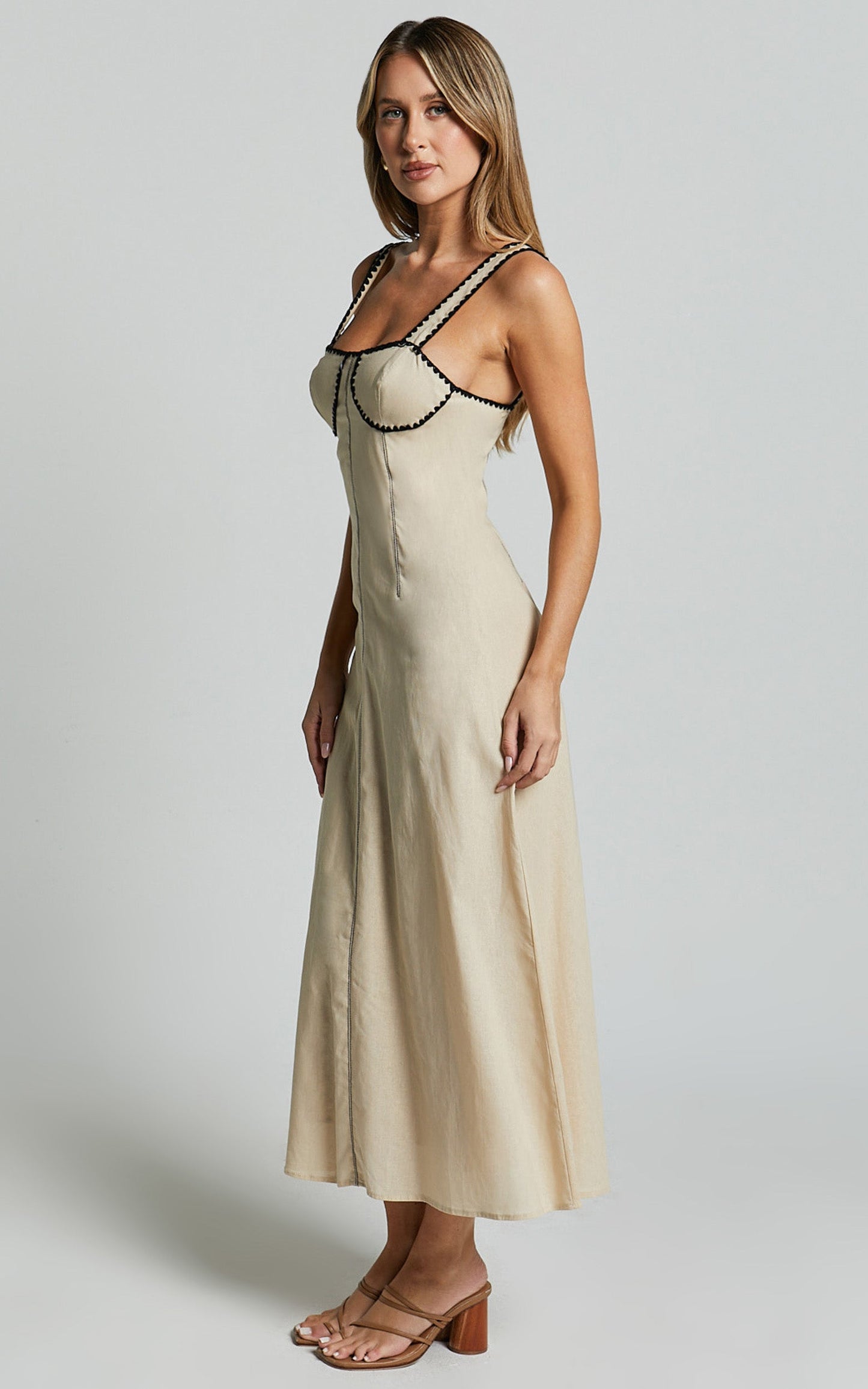 Brette Midi Linen Blend Dress - Wide Strap Cup Bust A Line Dress in Natural