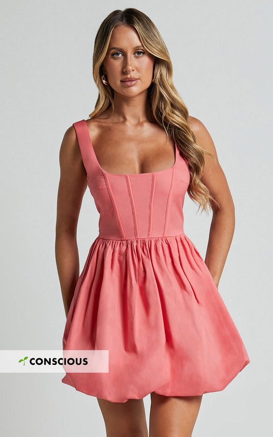 Brianda Mini Dress - Corset Bodice Bubble Hem Dress in Coral