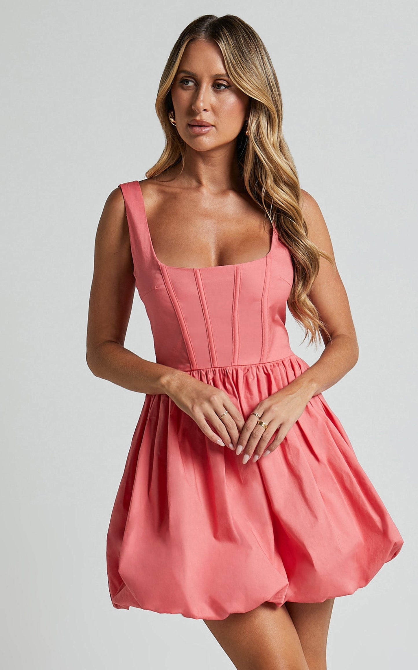 Brianda Mini Dress - Corset Bodice Bubble Hem Dress in Coral