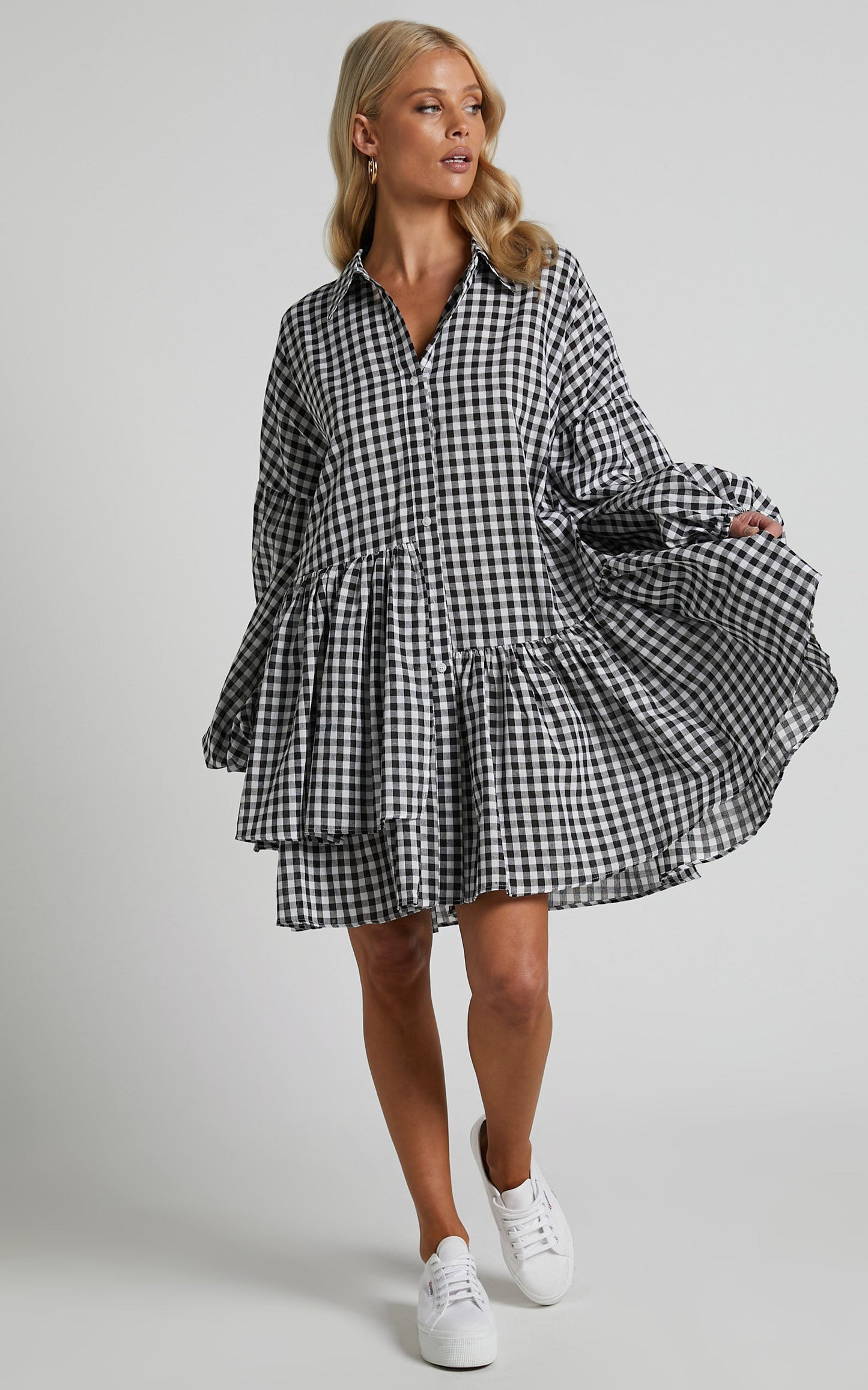 Brielle Mini Dress - Button Up Collared Tiered Smock Dress in Gingham Check