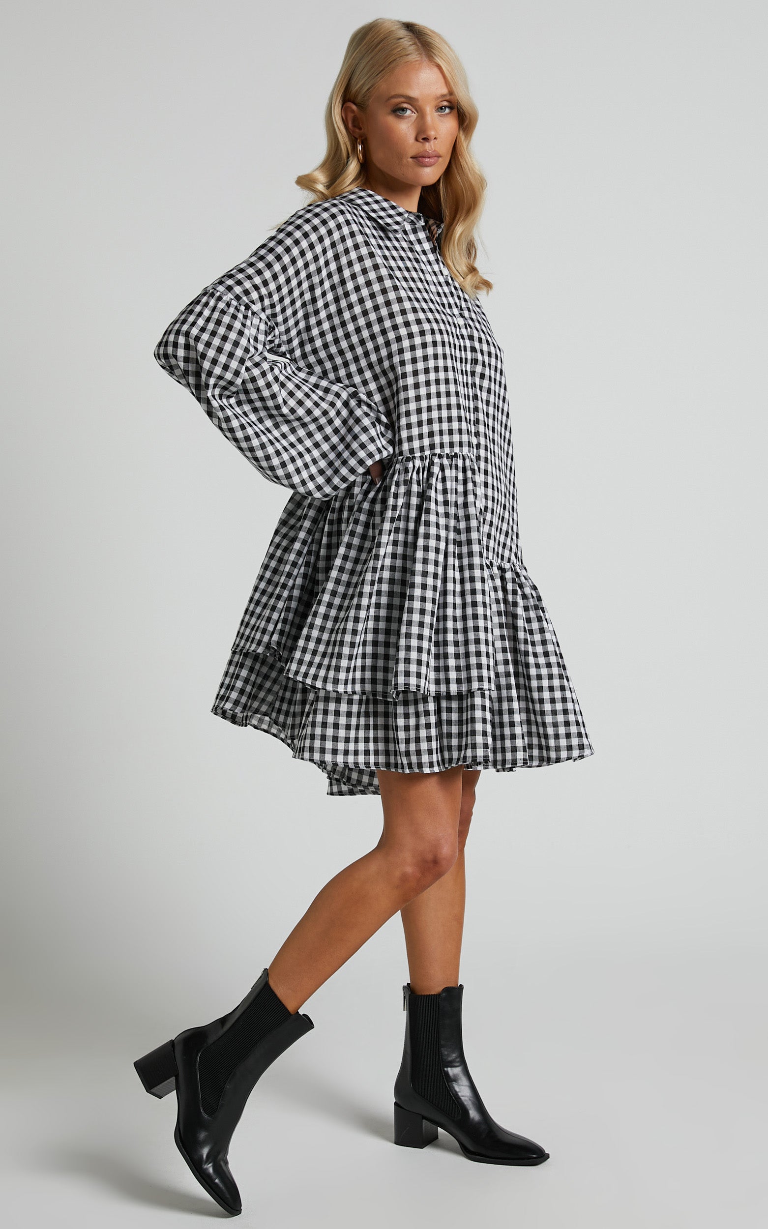Brielle Mini Dress - Button Up Collared Tiered Smock Dress in Gingham Check