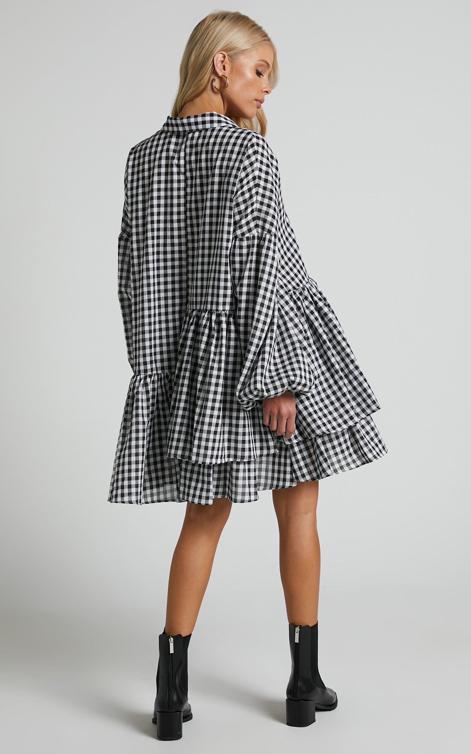 Brielle Mini Dress - Button Up Collared Tiered Smock Dress in Gingham Check