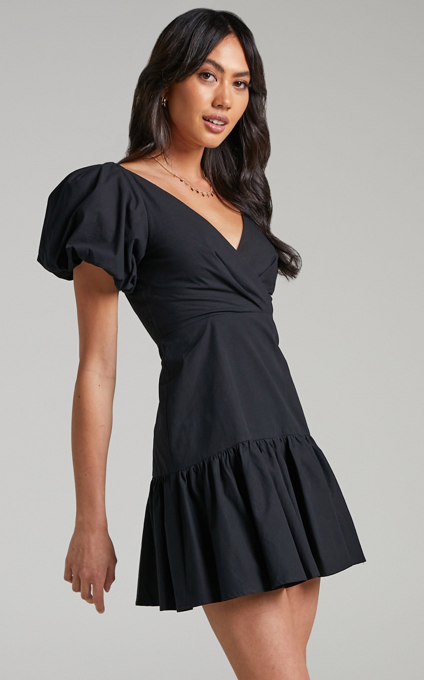 Brighton Mini Dress - Puff Sleeve Ruffle Dress in Black
