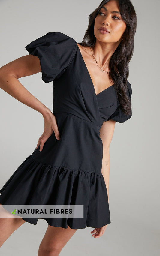 Brighton Mini Dress - Puff Sleeve Ruffle Dress in Black