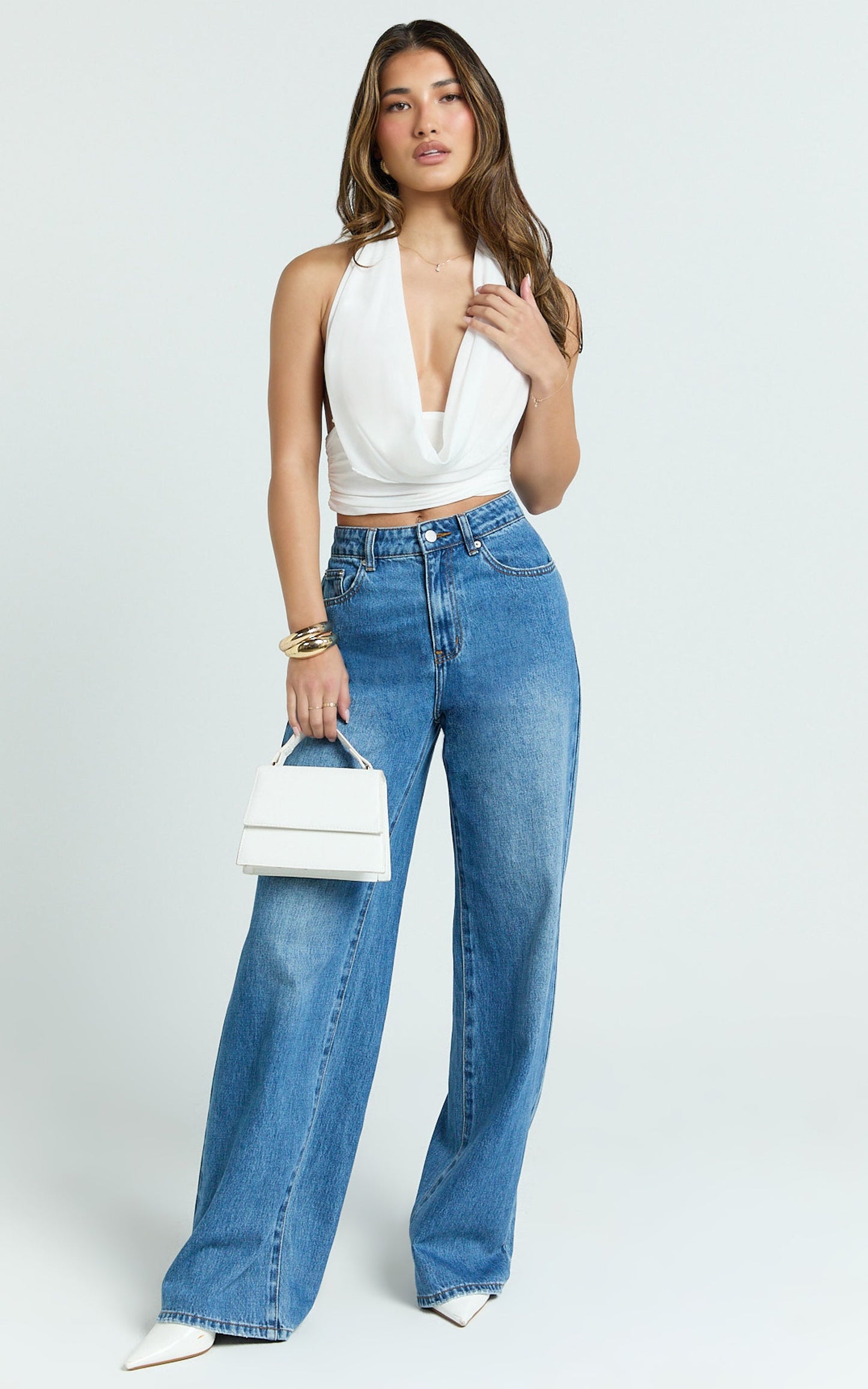 Britta Top - Cowl Neck Halter Crop Top in White