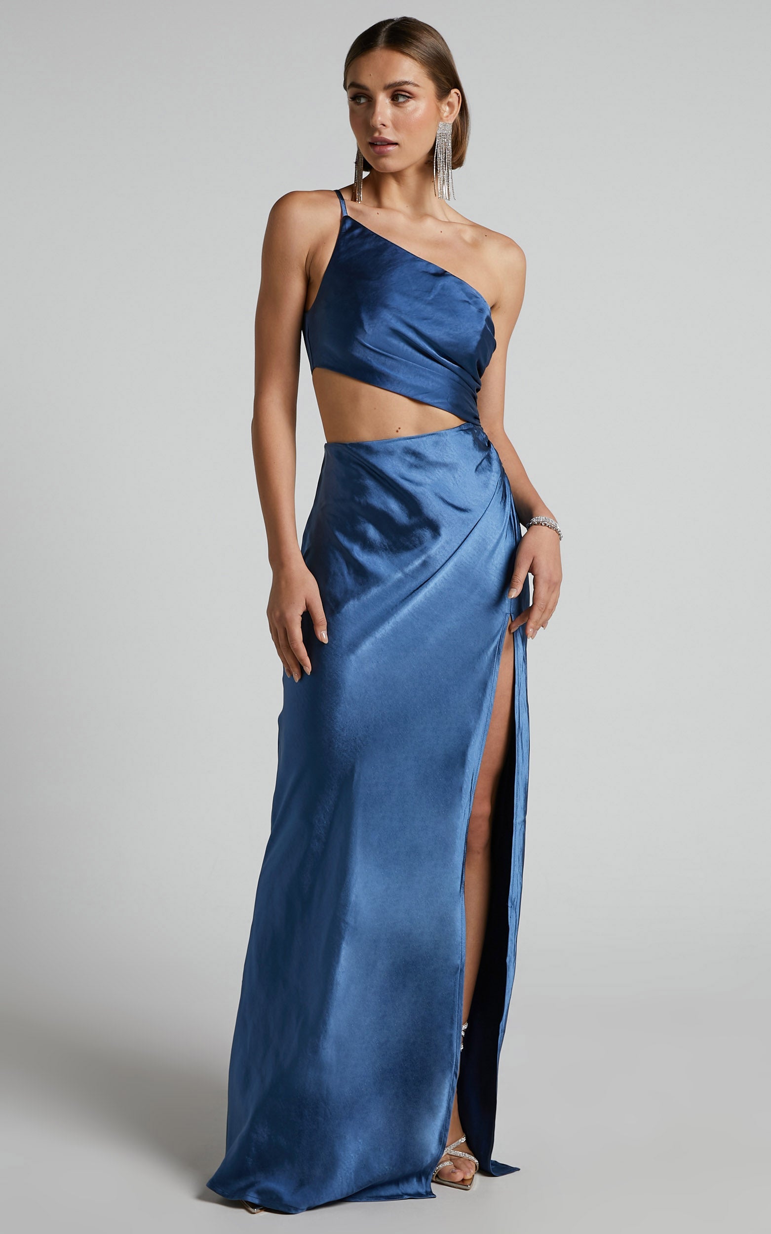 Brody Maxi Dress - Side Cut Out One Shoulder Dress in Steel Blue