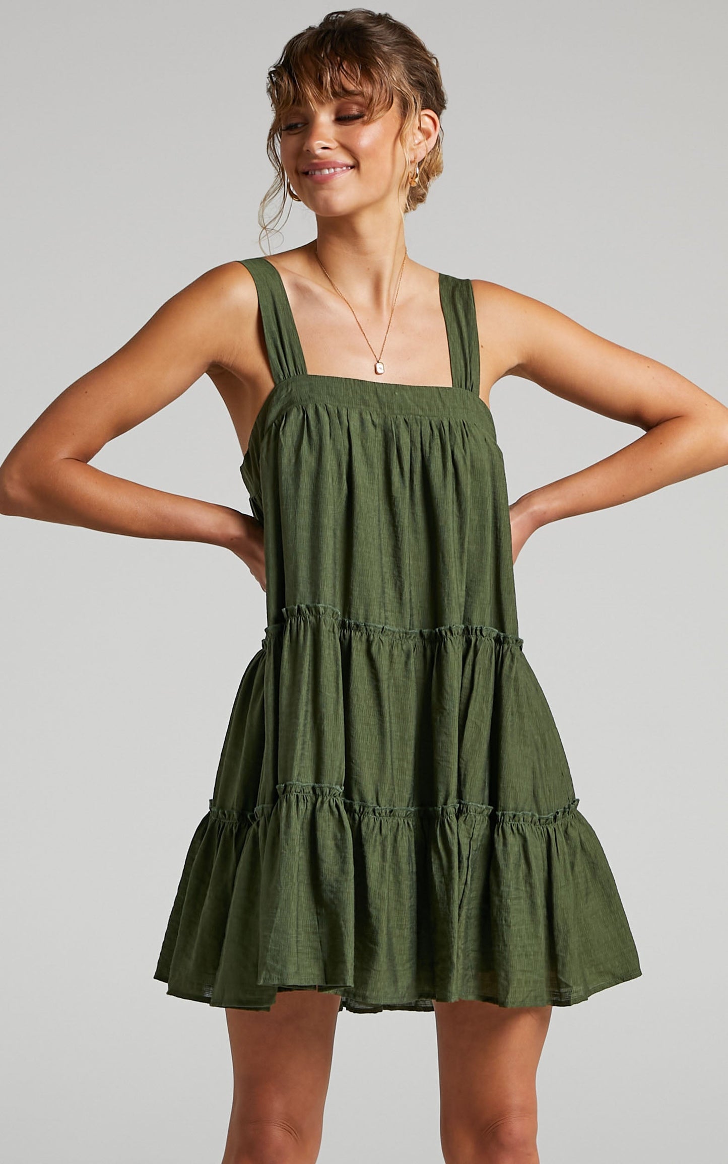Brookie Mini Dress - Tiered Dress in Khaki