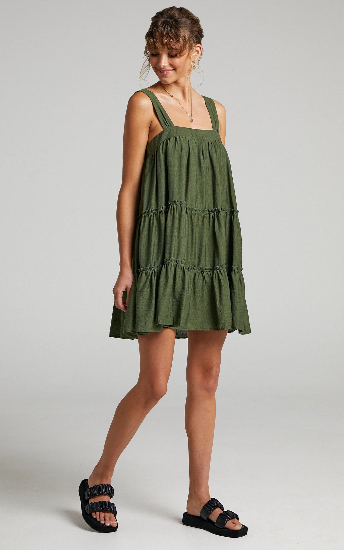 Brookie Mini Dress - Tiered Dress in Khaki