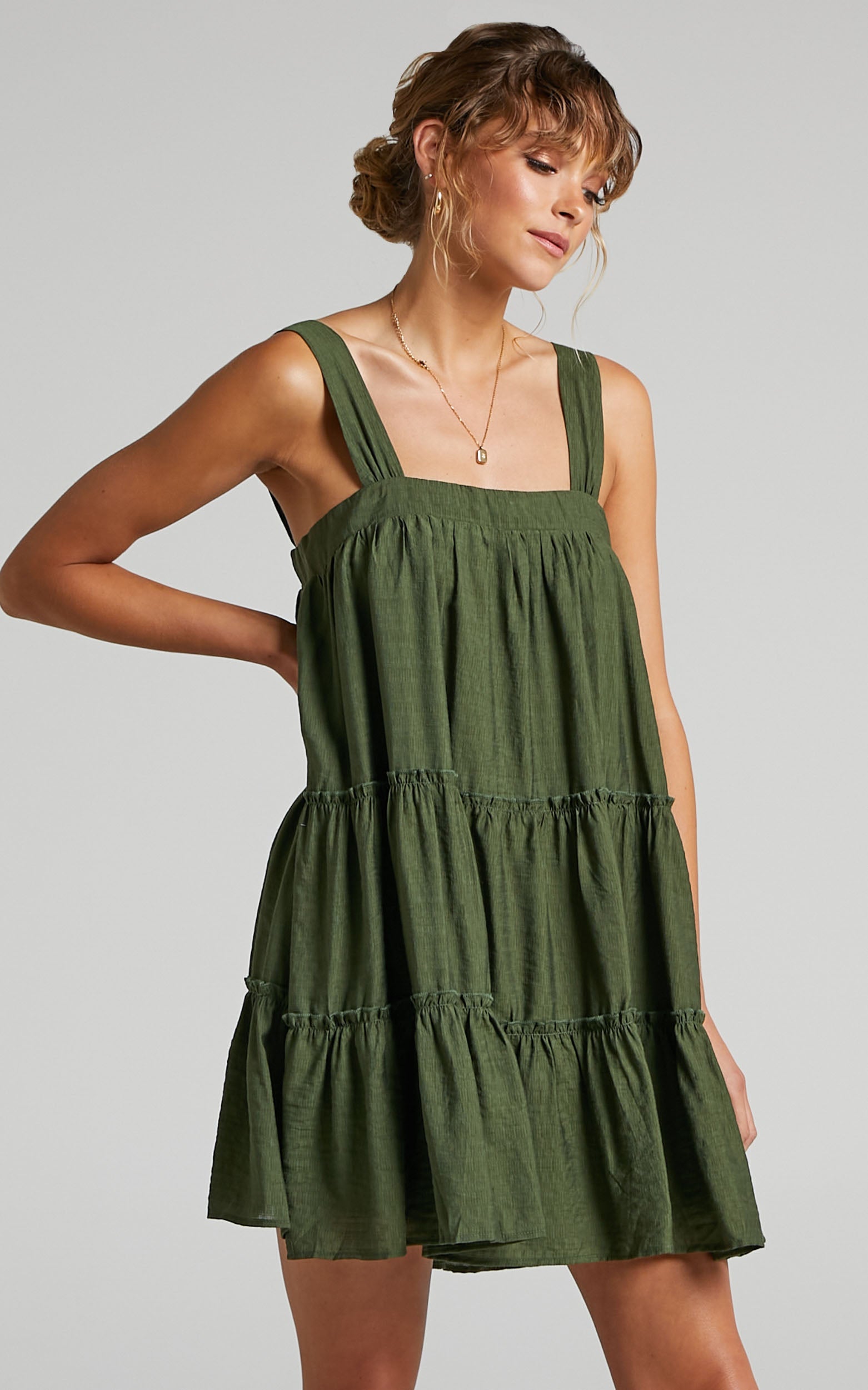 Brookie Mini Dress - Tiered Dress in Khaki