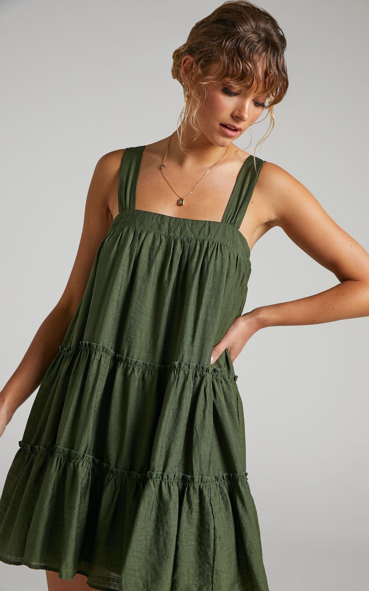 Brookie Mini Dress - Tiered Dress in Khaki
