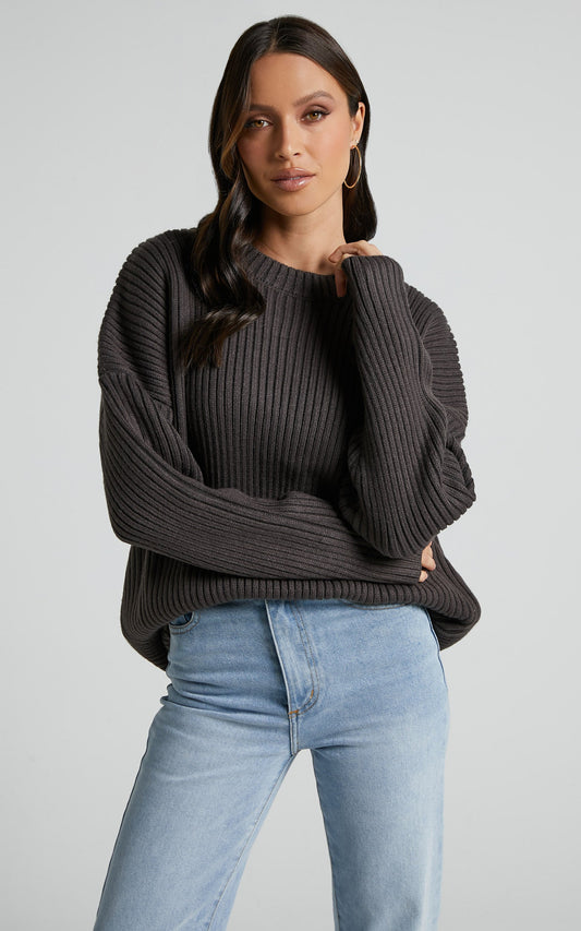 Brooklyn Knit Jumper - Scoop Neck Long Sleeve in Slate