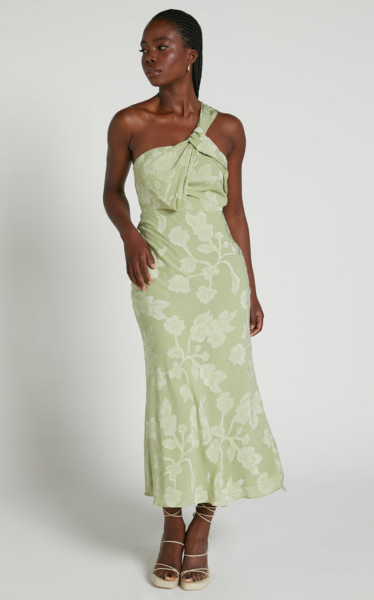 Brooklyn Midi Dress - One Shoulder Knot Detail Dress in Sage Devore