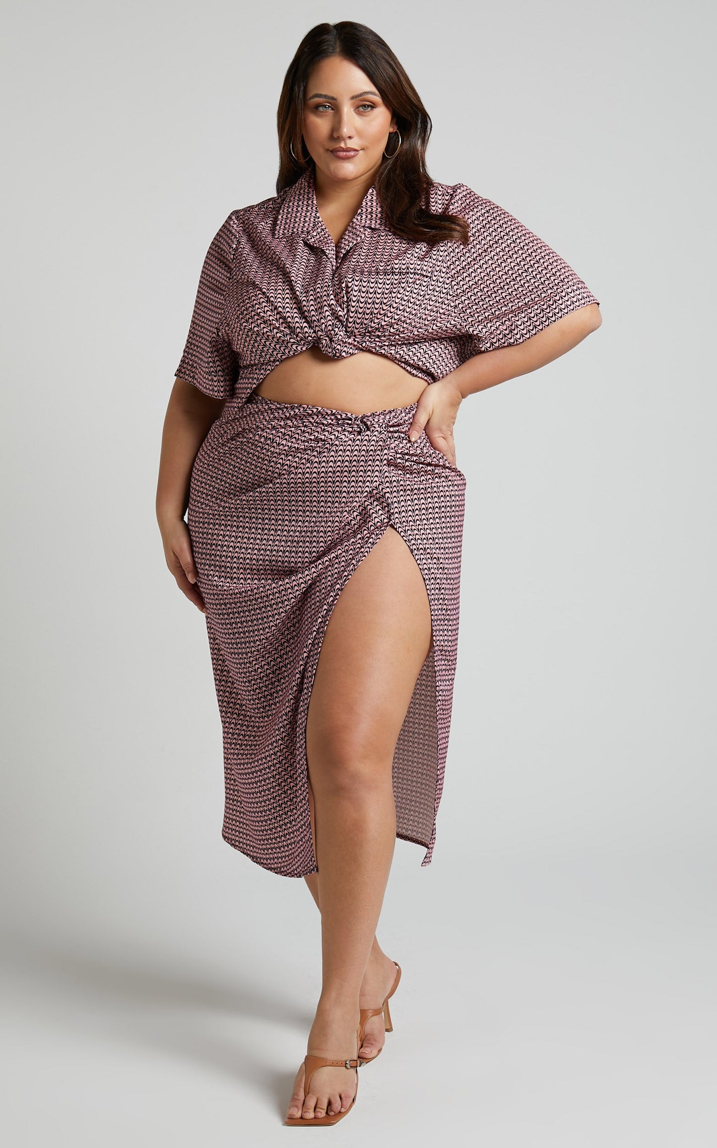 Brunita Midi Skirt - Twist Front Skirt in Pink Wave