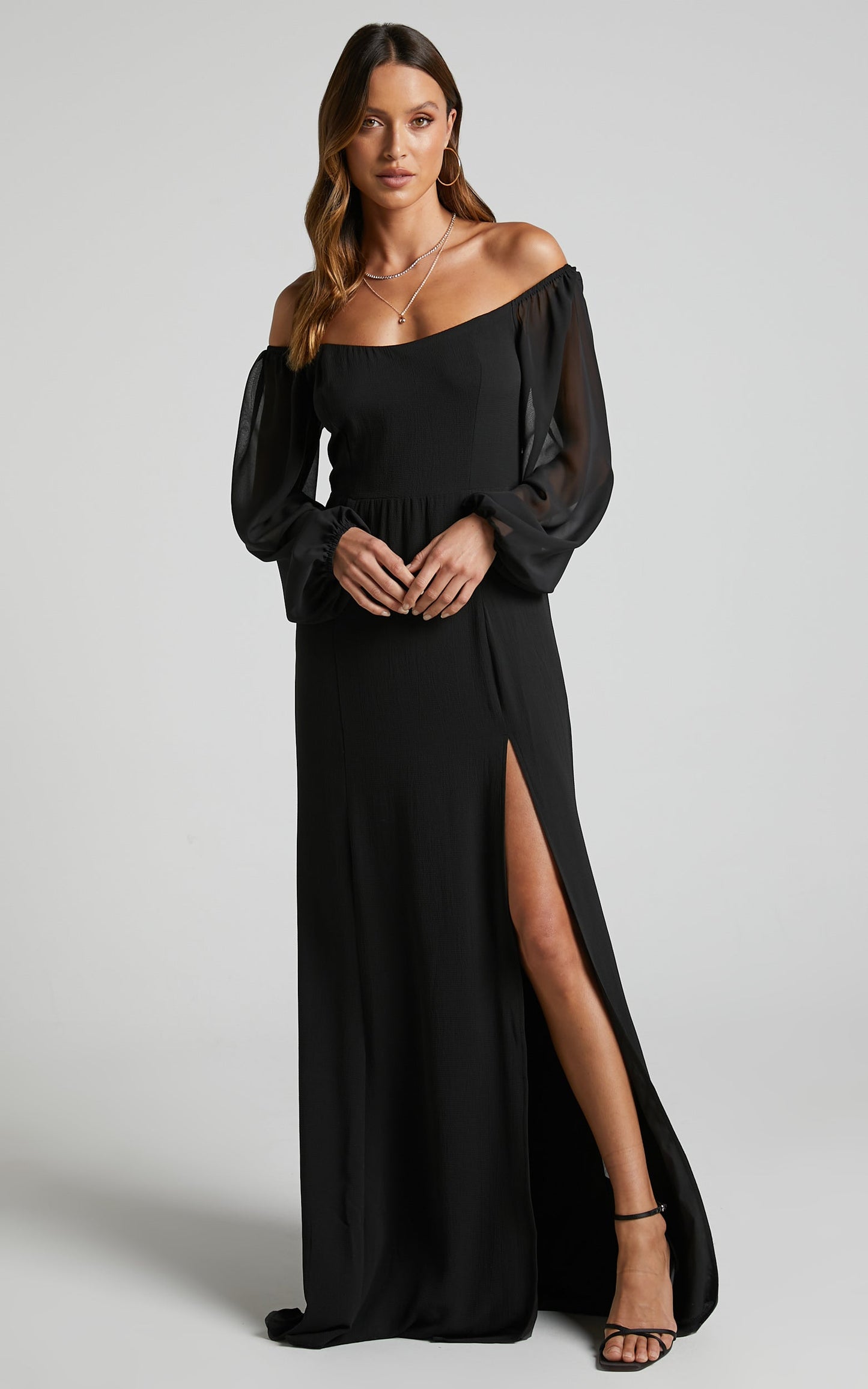 Bryanne Maxi Dress - Off The Shoulder Bishop Sleeve Dress in Black