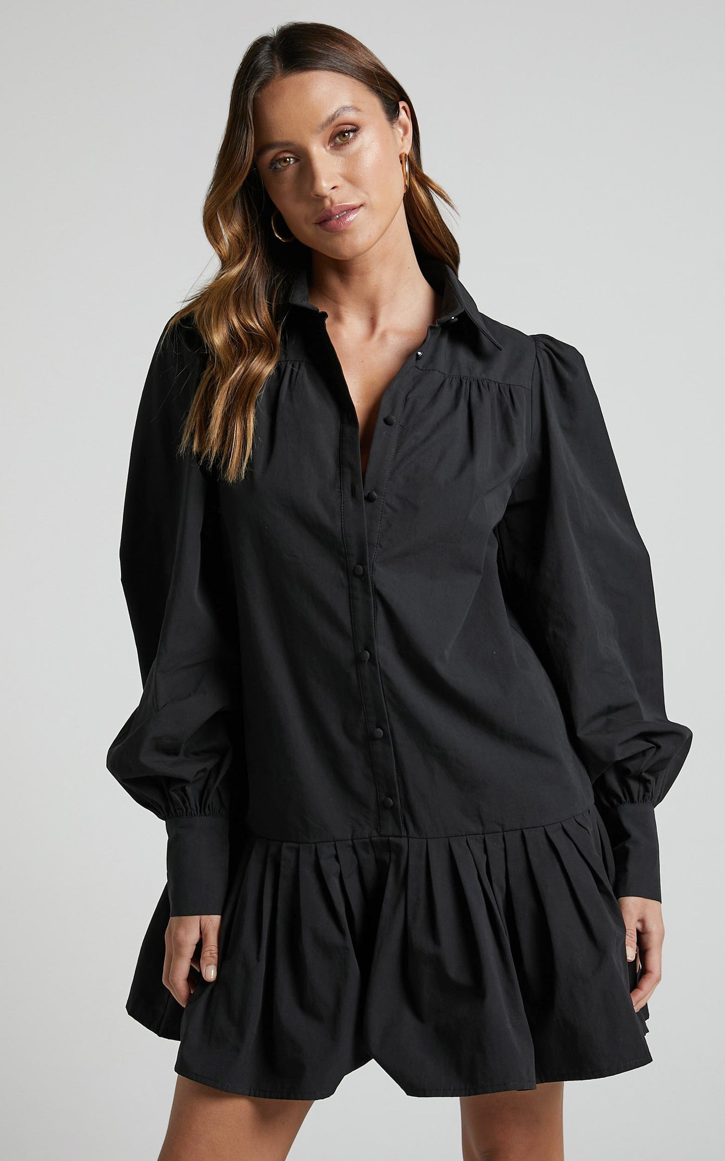 Brydie Mini Dress - Blouson Sleeve Pleat Hem Shift Shirt Dress in Black