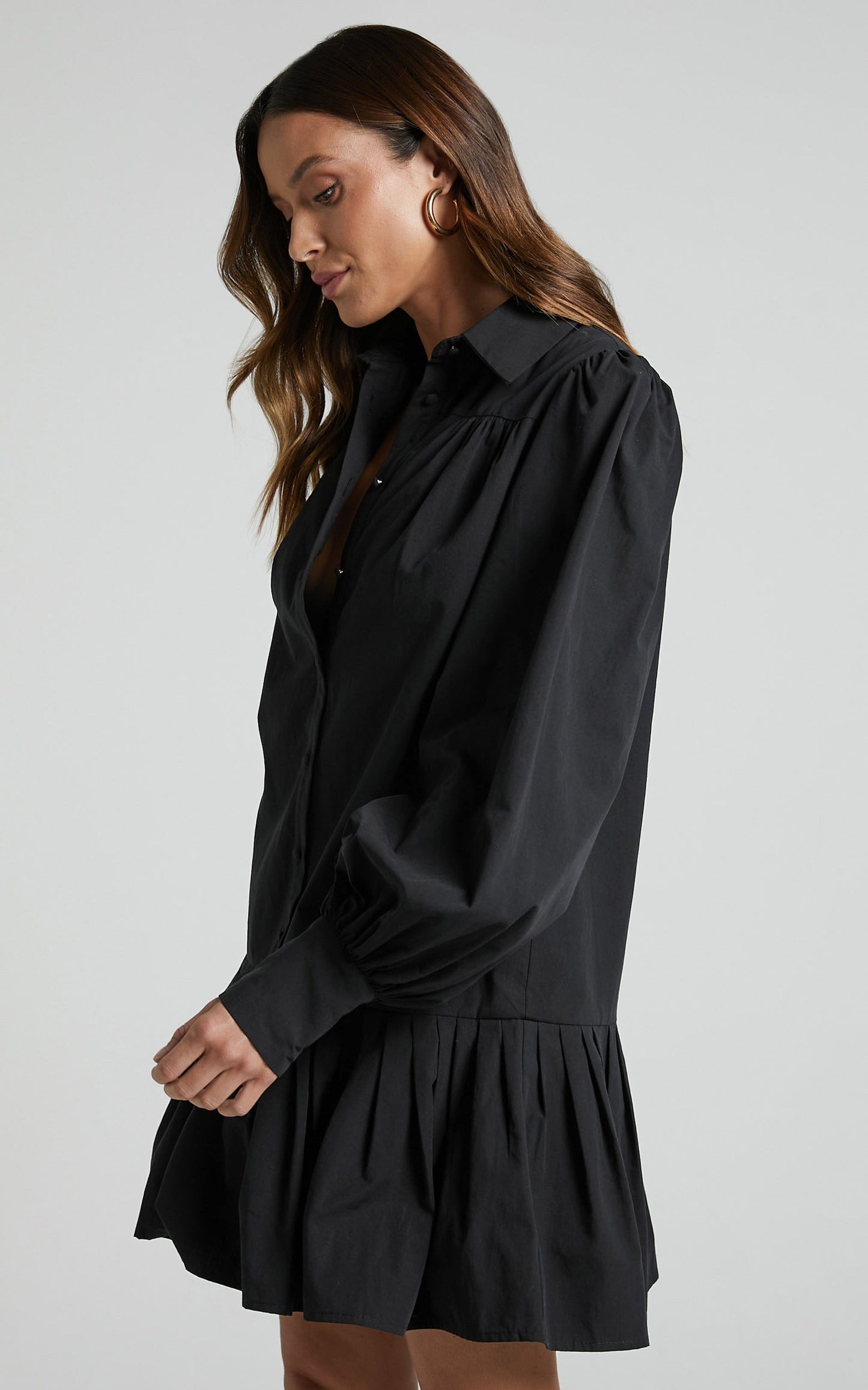 Brydie Mini Dress - Blouson Sleeve Pleat Hem Shift Shirt Dress in Black