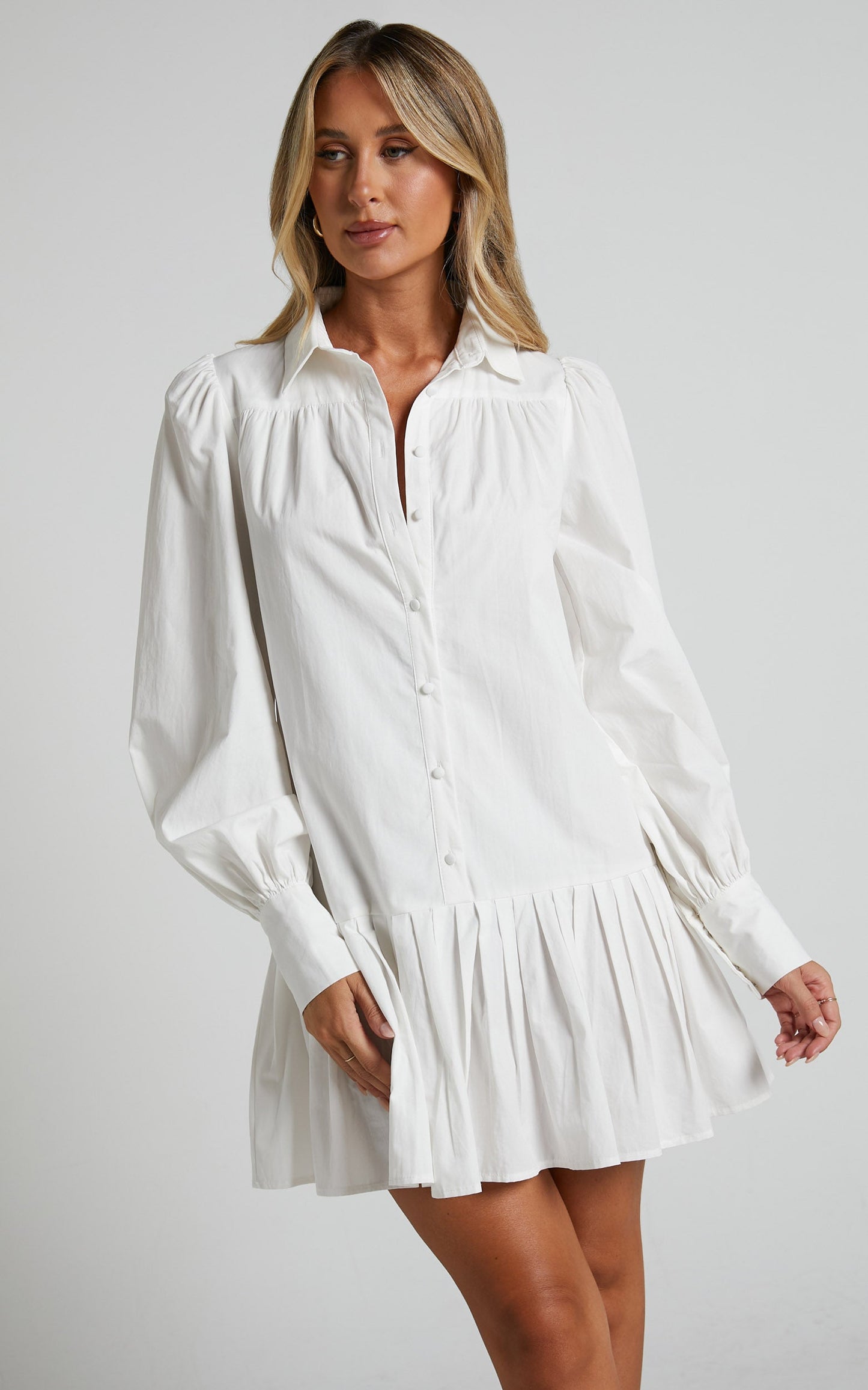 Brydie Mini Dress - Blouson Sleeve Pleat Hem Shift Shirt Dress in White