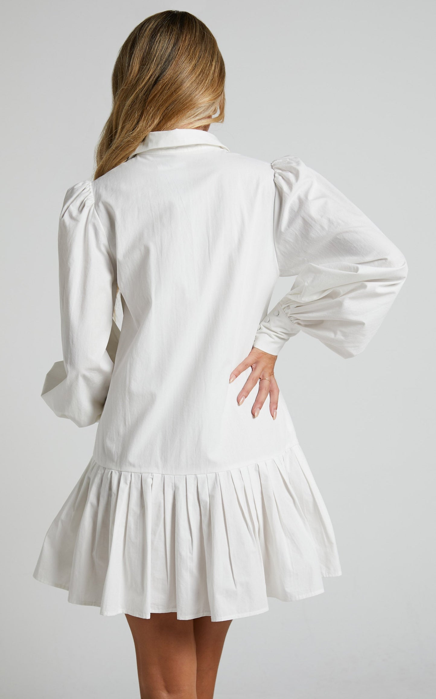 Brydie Mini Dress - Blouson Sleeve Pleat Hem Shift Shirt Dress in White