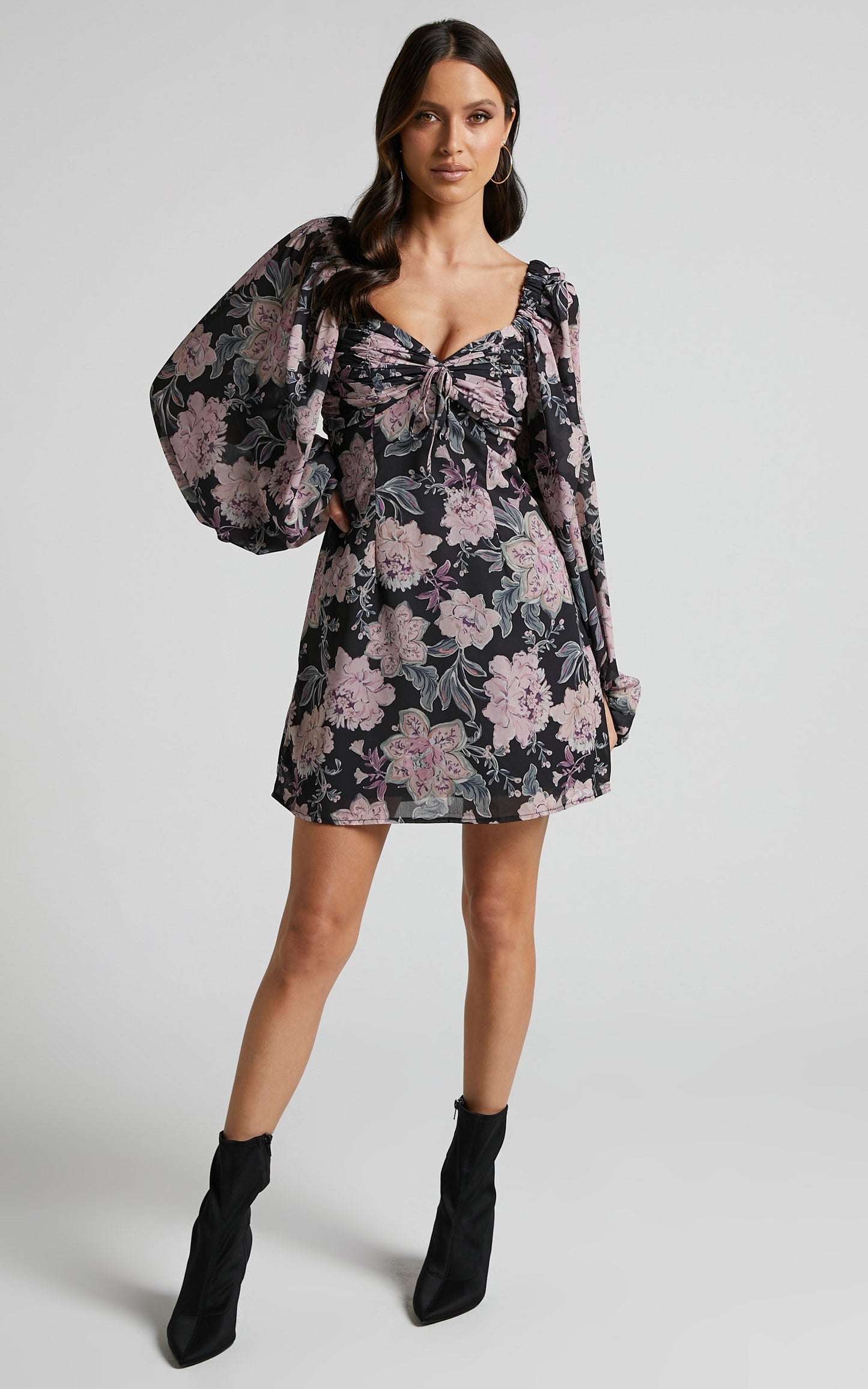 Brynn Mini Dress - Sweetheart Tie Front Detail Long Blouson Sleeve Dress in Ornamental Floral