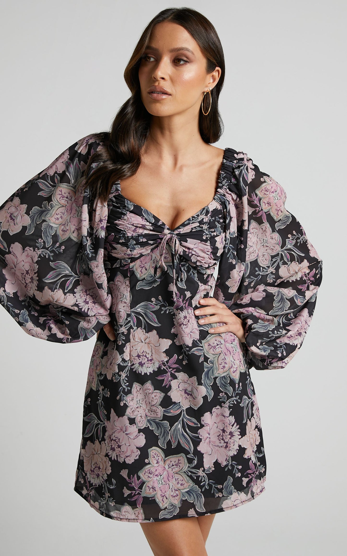Brynn Mini Dress - Sweetheart Tie Front Detail Long Blouson Sleeve Dress in Ornamental Floral