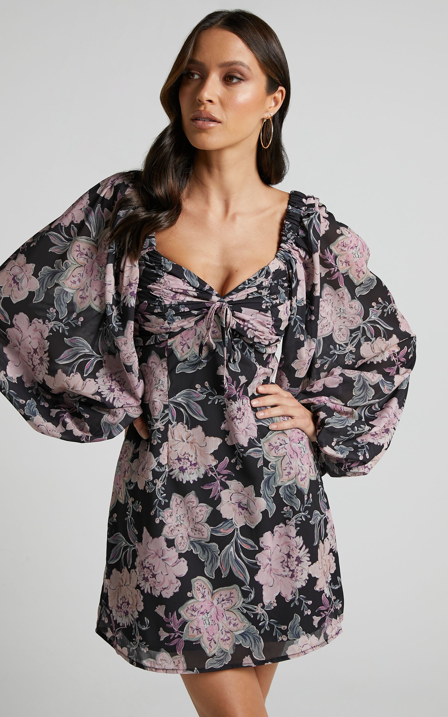 Brynn Mini Dress - Sweetheart Tie Front Detail Long Blouson Sleeve Dress in Ornamental Floral