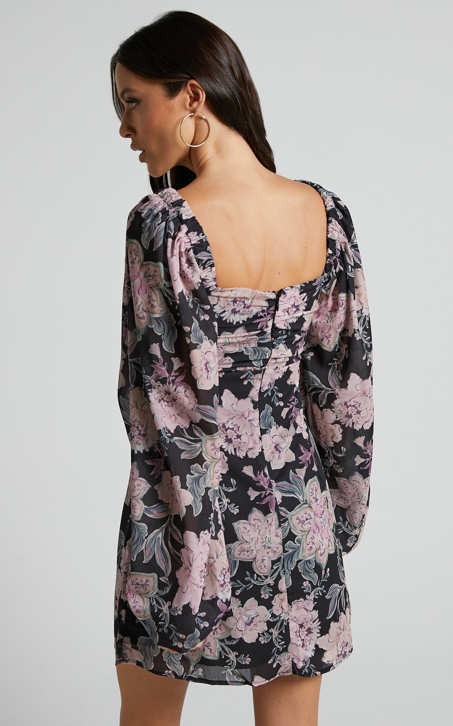 Brynn Mini Dress - Sweetheart Tie Front Detail Long Blouson Sleeve Dress in Ornamental Floral