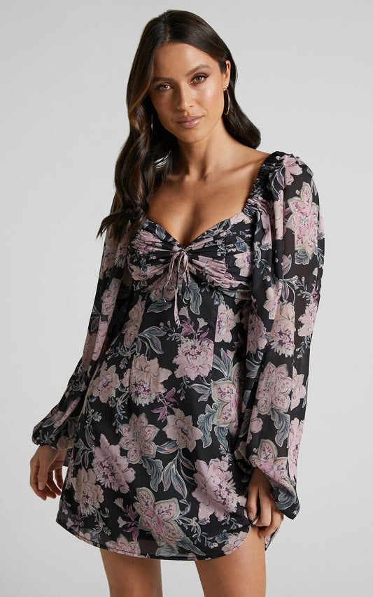 Brynn Mini Dress - Sweetheart Tie Front Detail Long Blouson Sleeve Dress in Ornamental Floral