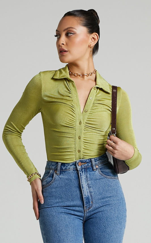 Bryonie Bodysuit - Ruched Front Collar Bodysuit in Green