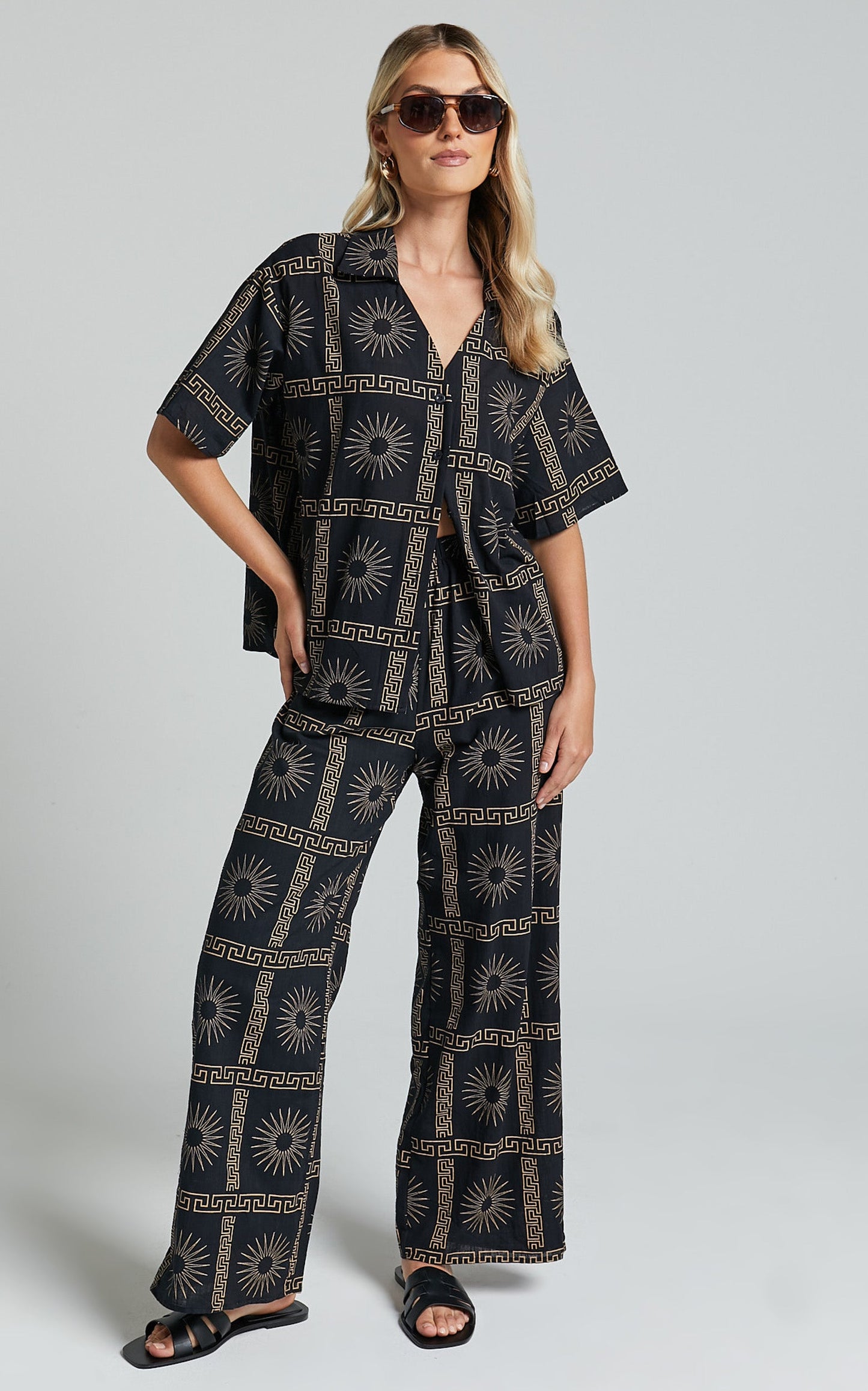 Cassidy Pant - Elasticated Linen Look Pants in Black Sun Print