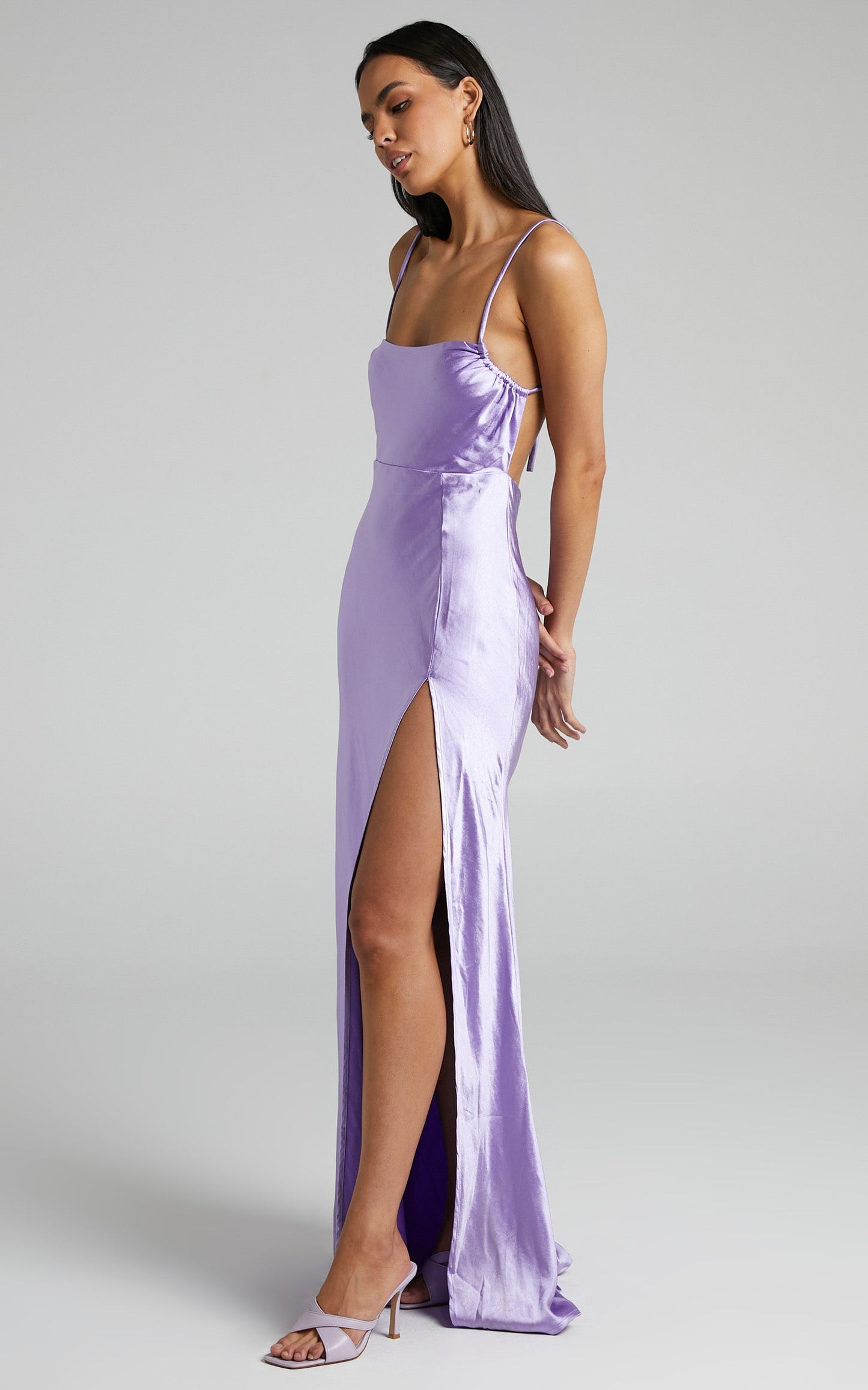 Chaila Maxi Dress - Open Back Thigh Split Satin Dress in Lilac