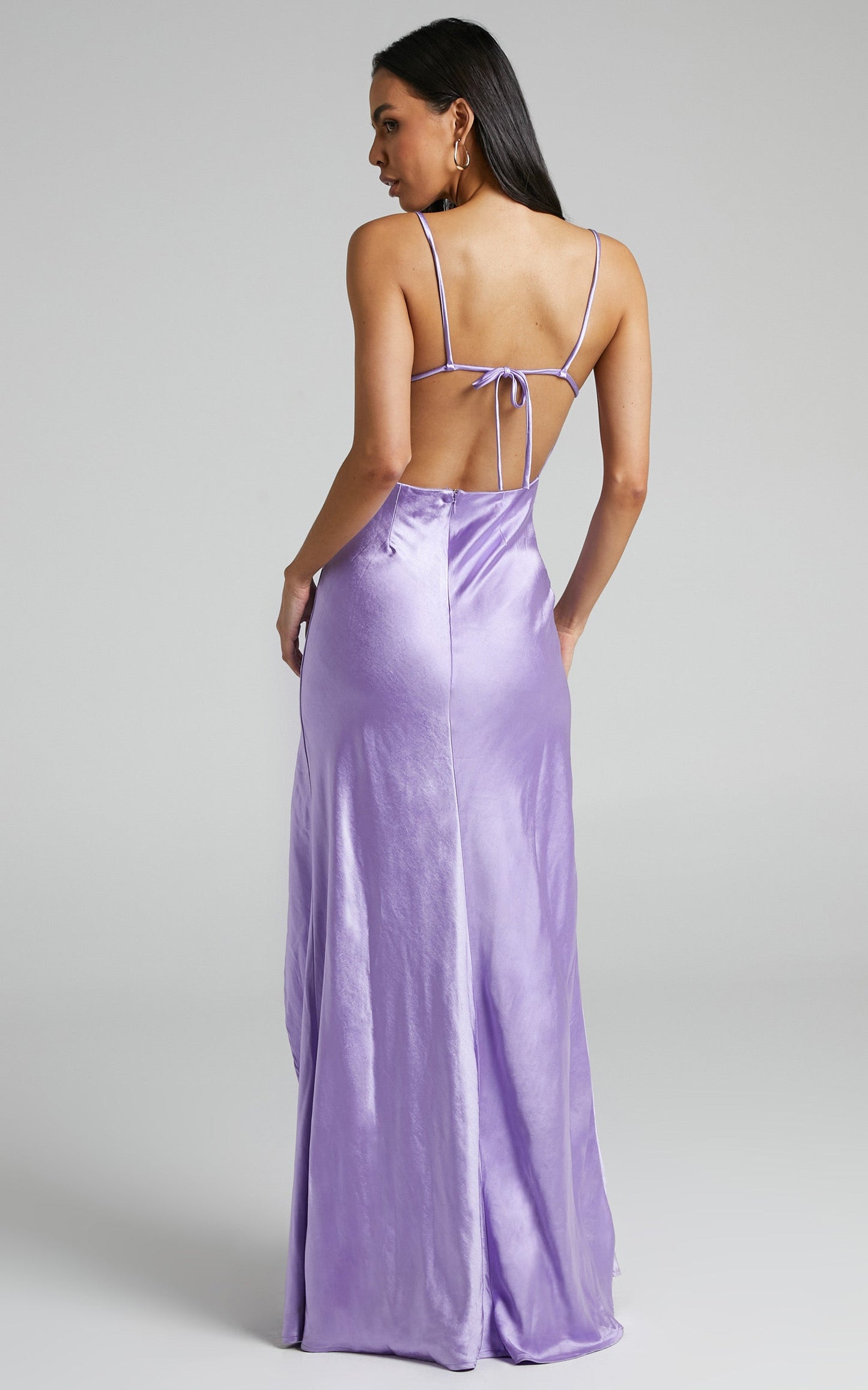 Chaila Maxi Dress - Open Back Thigh Split Satin Dress in Lilac