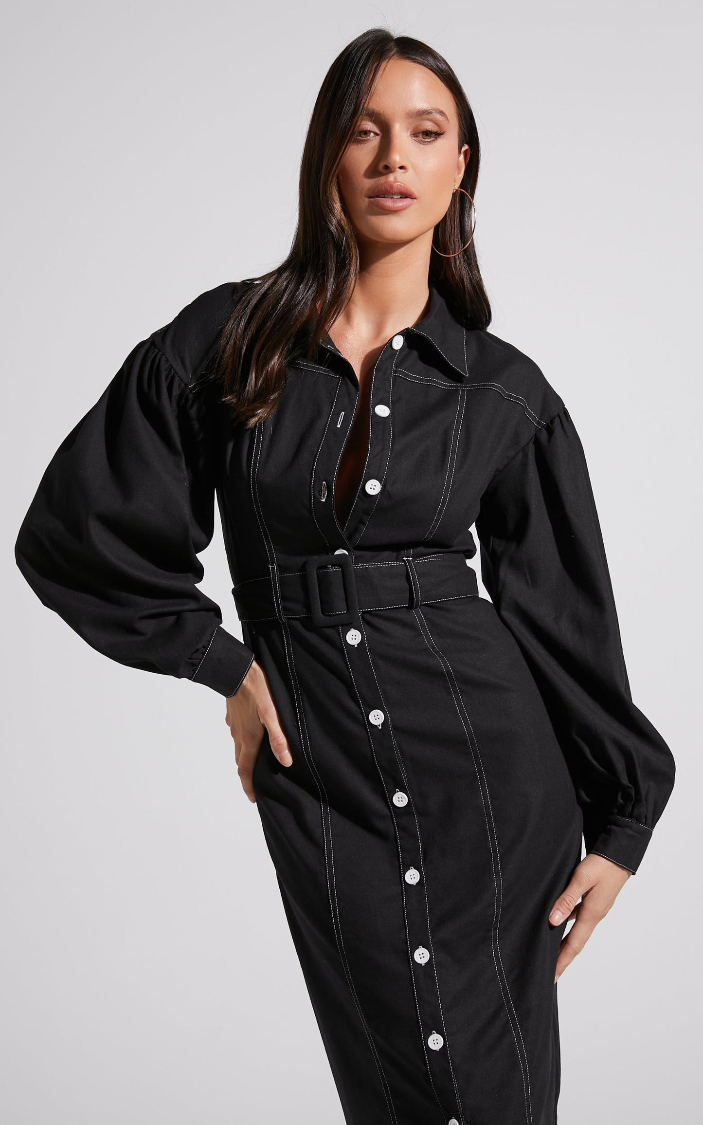 Elisha Midi Dress - Linen Look Balloon Sleeve Belted Button Down Dress in Black