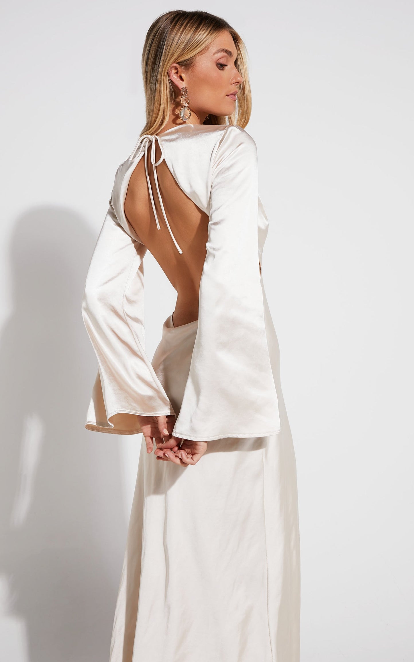 Haydn Midi Dress - High Neck Cut Out Satin Bias Dress in Champagne