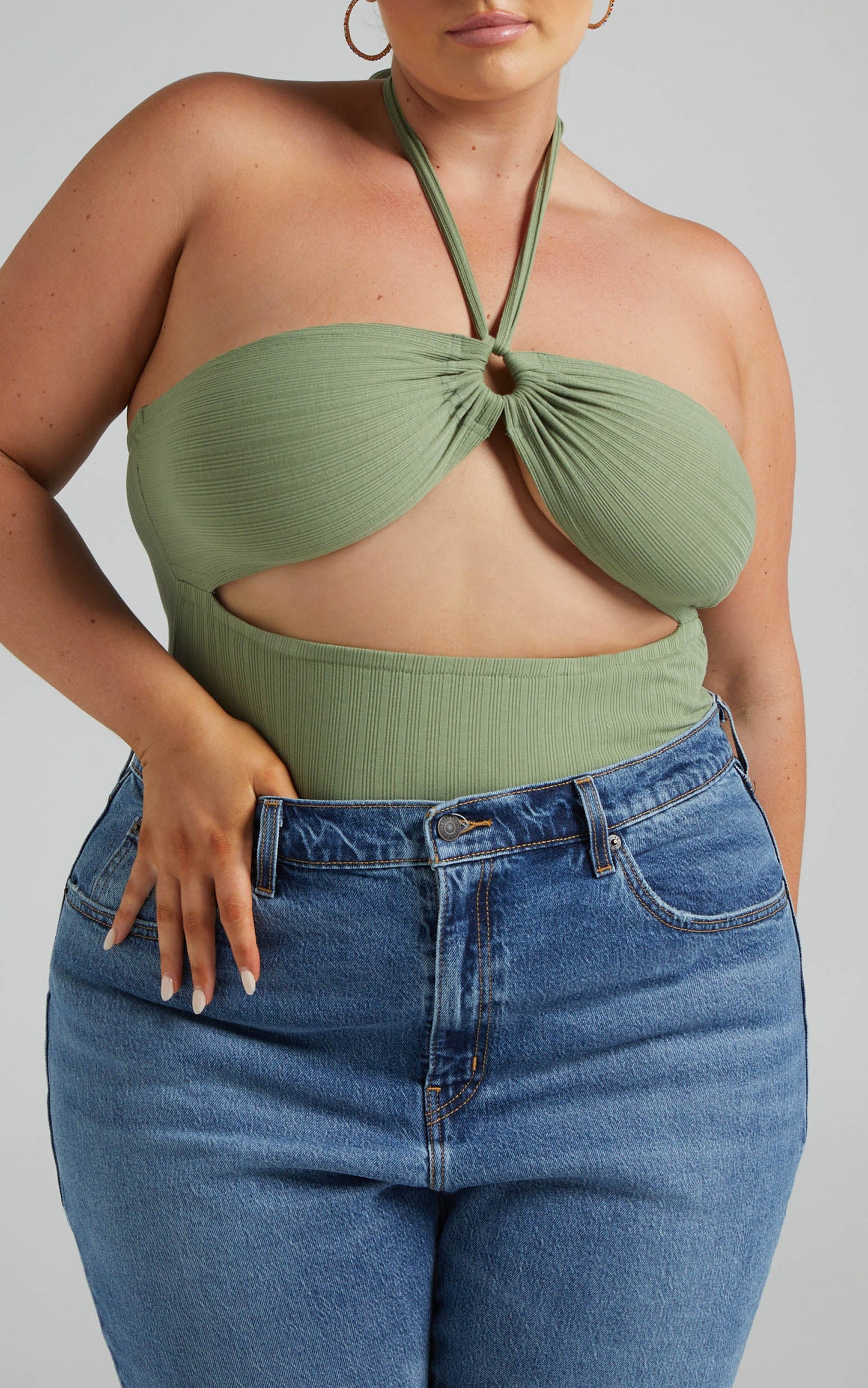 Jolina Bodysuit - Halter Neck Cut Out Bodysuit in Sage